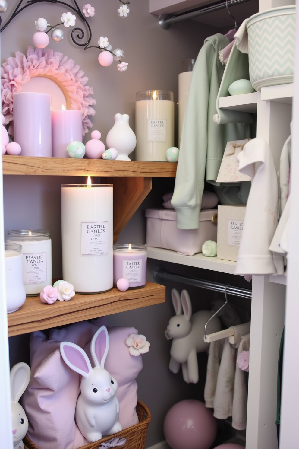 A cozy corner featuring seasonal candles with delightful Easter fragrances. The candles are arranged on a rustic wooden shelf adorned with pastel-colored decorations and small Easter-themed accents. A beautifully styled closet showcasing creative Easter decorating ideas. Soft hues of lavender and mint green are complemented by playful bunny motifs and floral patterns throughout the space.