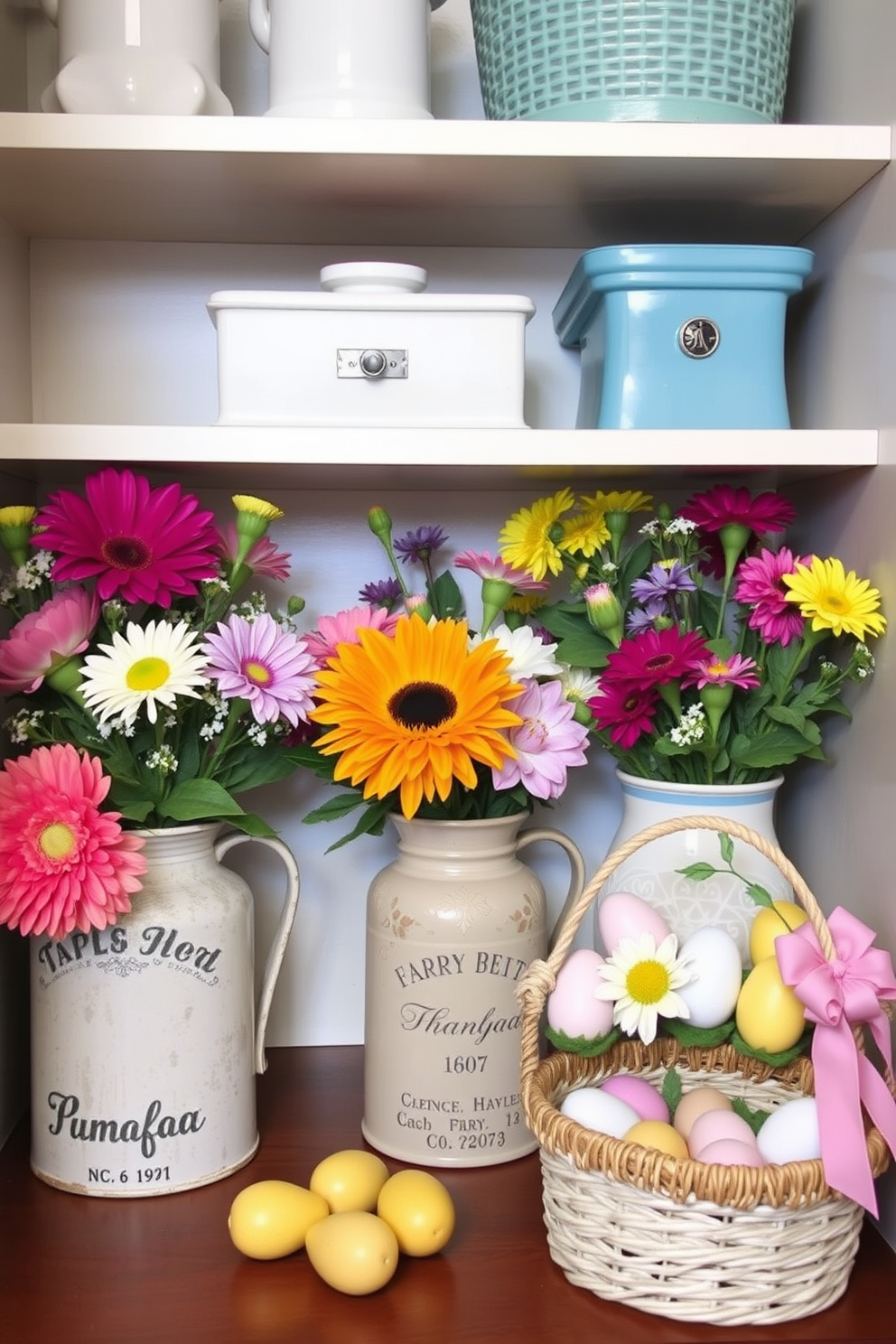 A whimsical closet adorned with bunny-shaped storage containers in pastel colors. The containers are arranged on shelves, adding a playful touch to the Easter-themed decor. Soft, fluffy accents in the form of bunny plush toys and pastel-colored cushions enhance the festive atmosphere. Delicate string lights twinkle above, creating a cozy and inviting space perfect for spring celebrations.