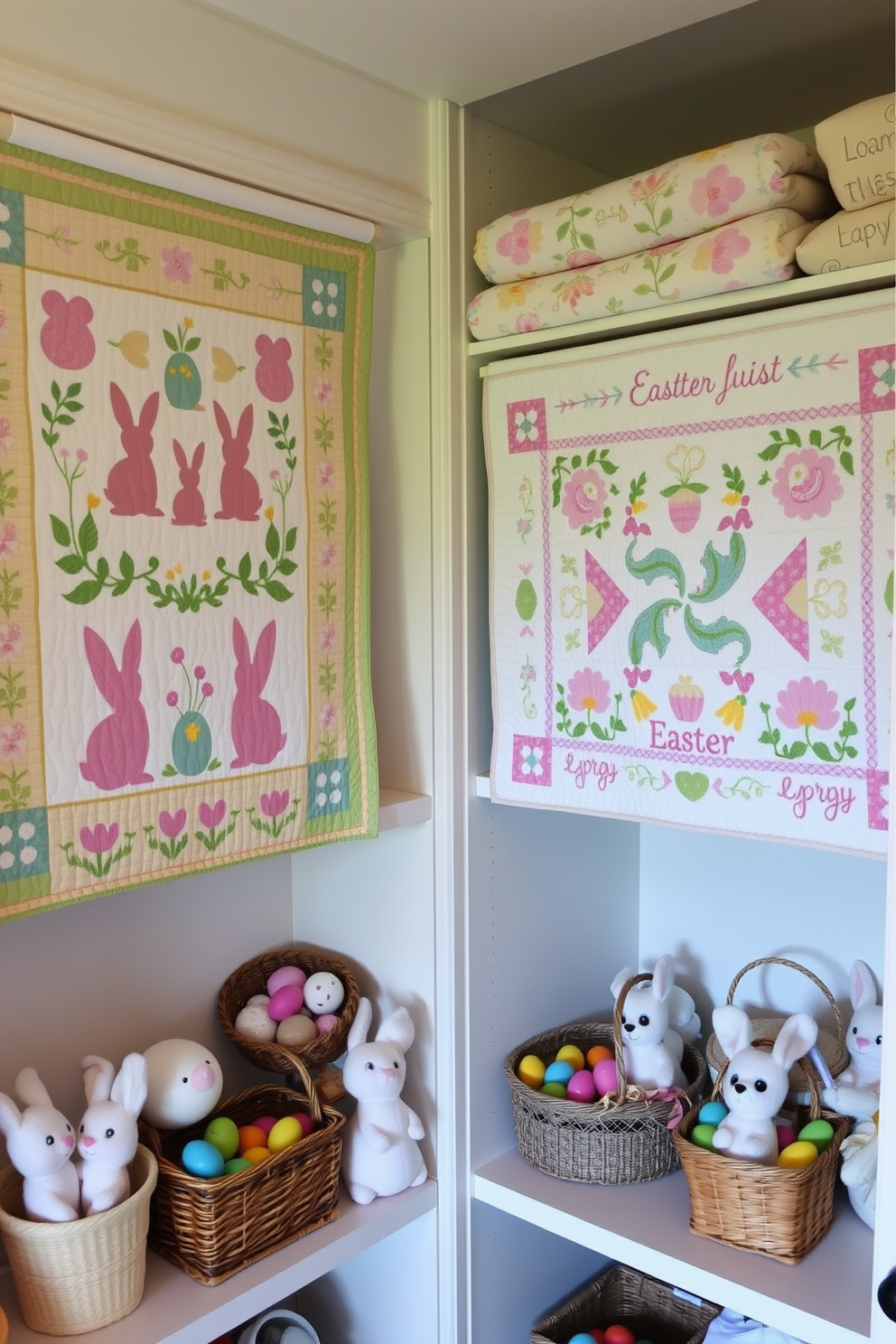 A cozy corner featuring shelves adorned with beautifully crafted Easter-themed quilts in pastel colors. Each quilt showcases intricate patterns of bunnies, eggs, and spring flowers, creating a festive atmosphere. The closet is organized with seasonal decorations, including baskets filled with colorful Easter eggs and plush bunny toys. Soft lighting enhances the warmth of the space, making it inviting and cheerful for the holiday season.