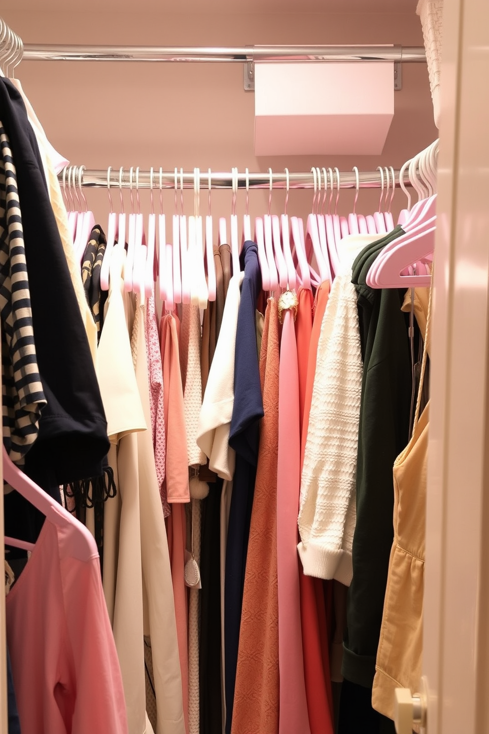 A cozy closet filled with pastel colored hangers showcasing a variety of stylish clothing. Soft lighting illuminates the space, creating a warm and inviting atmosphere perfect for Easter decorating ideas.