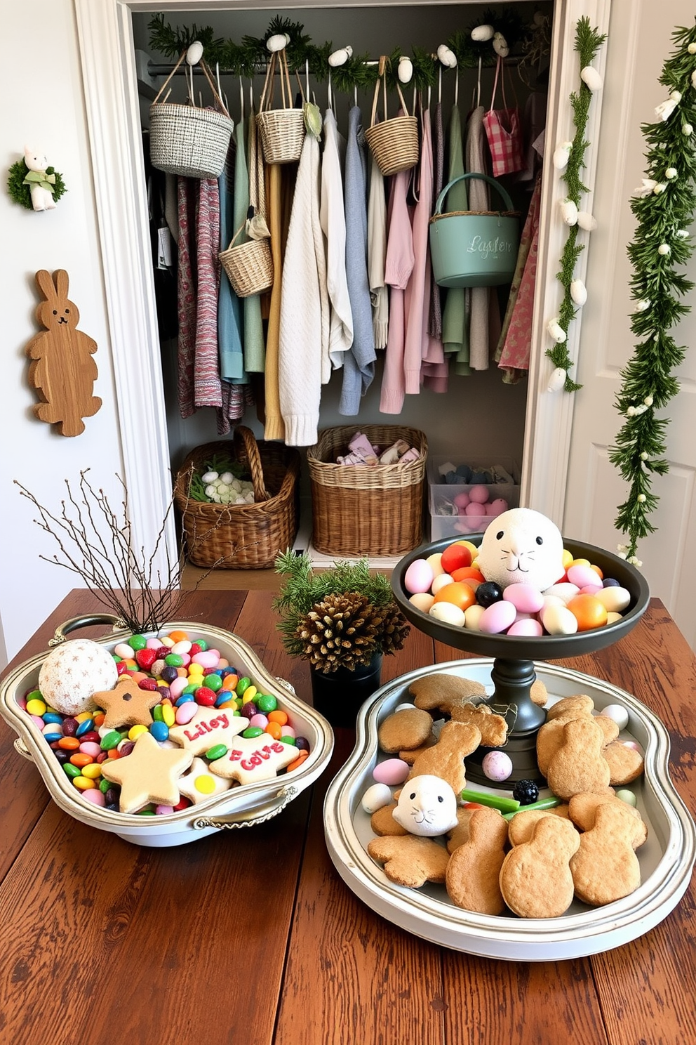 Decorative trays filled with an assortment of seasonal treats are beautifully arranged on a rustic wooden table. The trays feature colorful candies, fresh fruits, and homemade cookies, creating an inviting and festive atmosphere. The closet is decorated with Easter-themed accents, including pastel-colored baskets and hanging garlands. Soft lighting enhances the cheerful decor, making the space feel warm and welcoming for the holiday season.