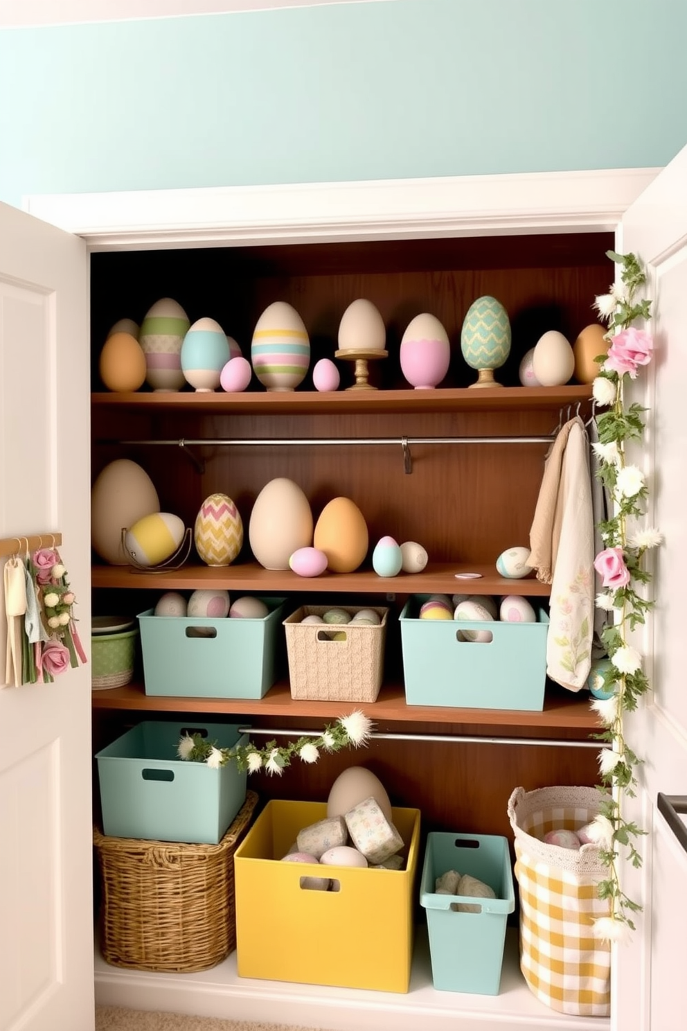 Create an inviting space featuring egg-shaped decor pieces artfully arranged on open shelves. The decor should include a variety of colors and patterns, enhancing the festive atmosphere of the room. Incorporate closet Easter decorating ideas that bring a seasonal touch to the space. Use pastel-colored storage bins and hang decorative garlands to create a cheerful and organized look.