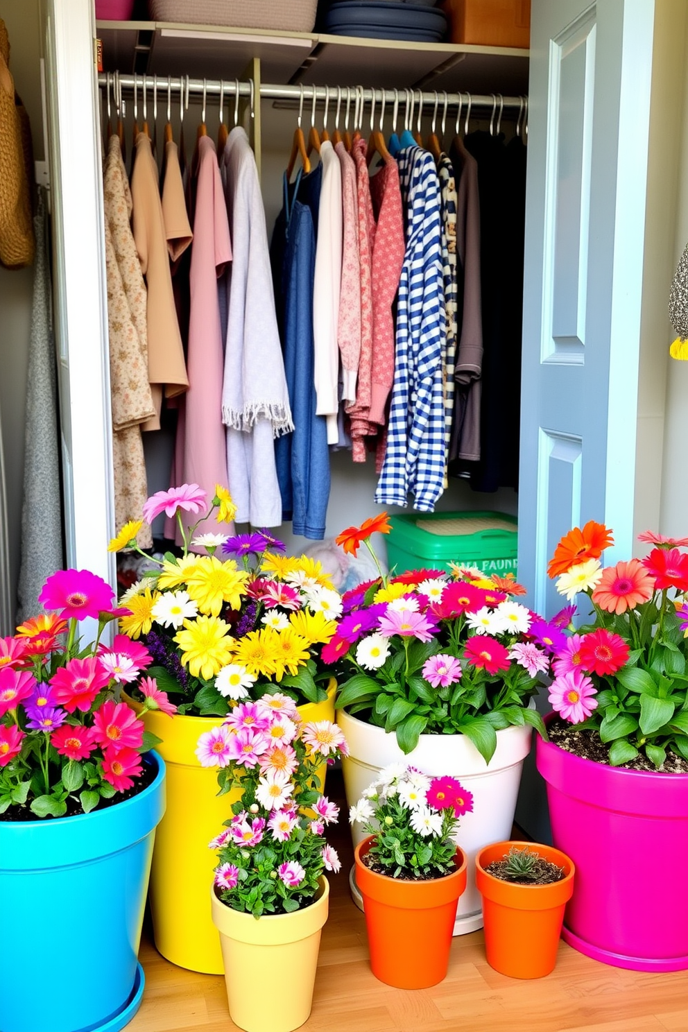 Brightly painted flower pots in vibrant colors are filled with an array of blooming flowers. These pots are strategically placed around a beautifully styled closet space, enhancing the cheerful atmosphere of Easter decorating ideas.