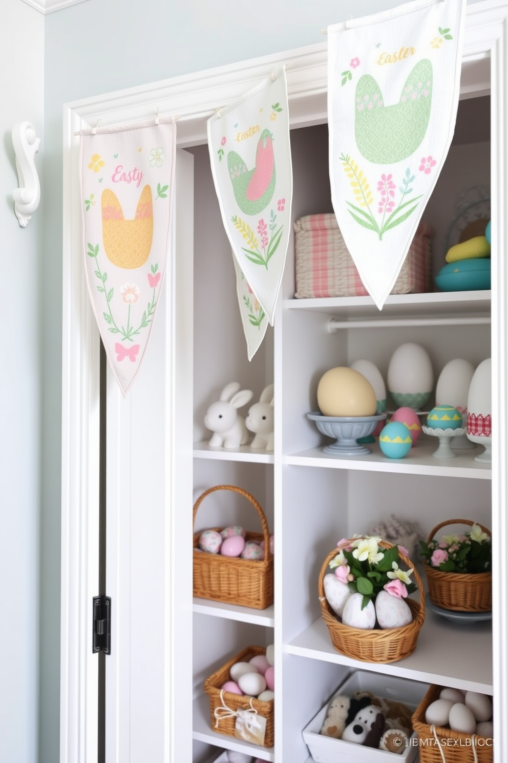 A whimsical closet adorned with bunny ears on its door handles creates a playful and festive atmosphere. Soft pastel colors dominate the decor, complemented by cheerful Easter-themed accents throughout the space.