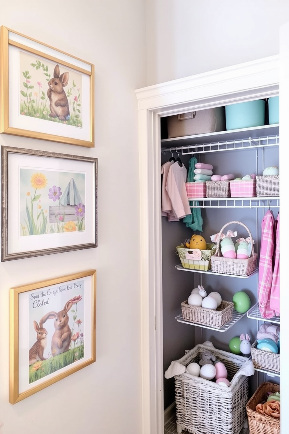 A cozy corner features seasonal artwork framed and displayed on the walls, capturing the essence of spring with vibrant colors and floral motifs. The artwork is complemented by soft lighting that enhances the cheerful ambiance of the space. Adjacent to the artwork, a well-organized closet showcases Easter decorating ideas, with pastel-colored decor items neatly arranged on shelves. Decorative baskets filled with seasonal accents add a touch of charm and whimsy to the closet's design.