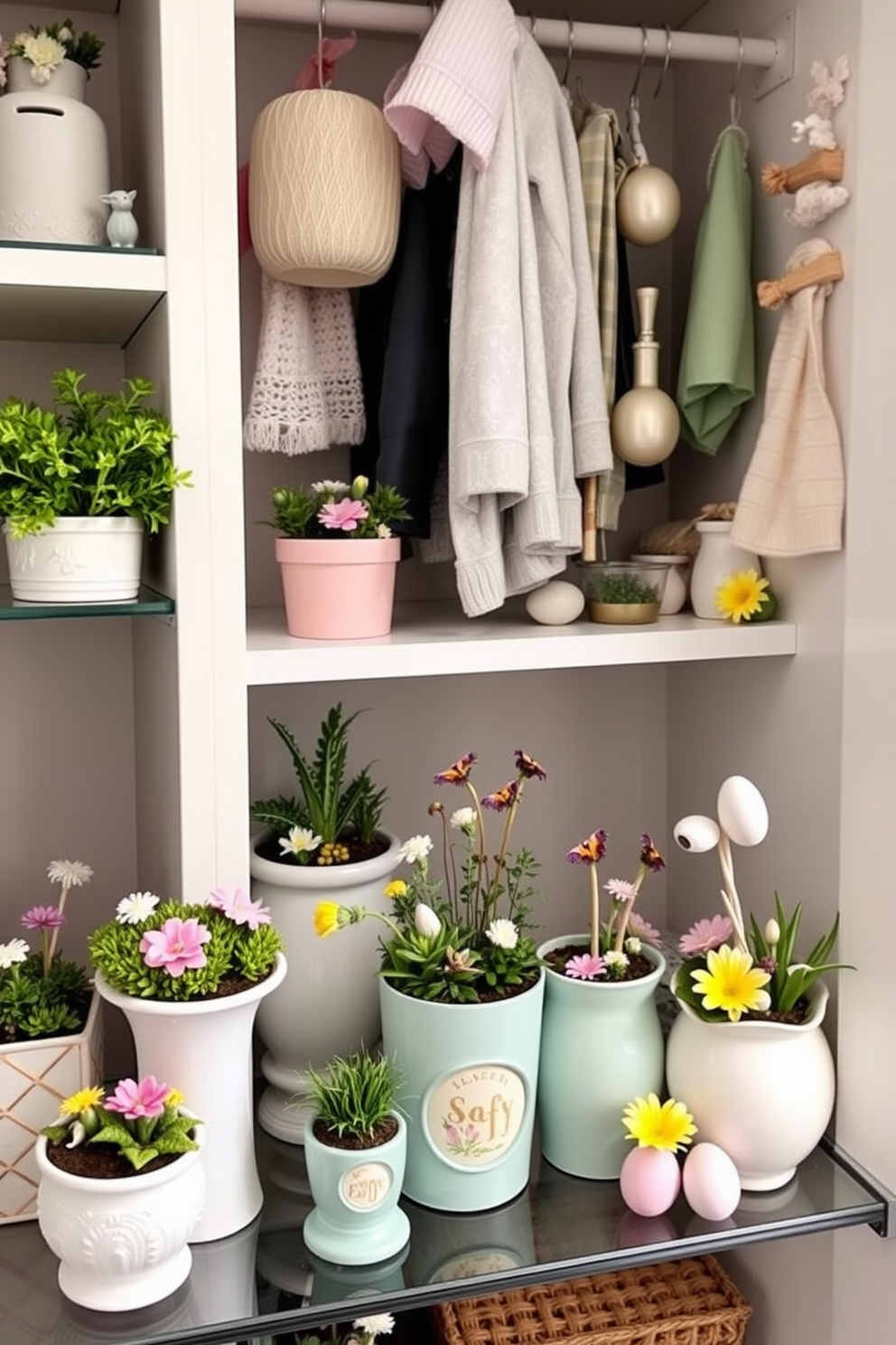 A collection of miniature gardens is displayed in various decorative containers. Each container features unique designs, showcasing vibrant green plants and colorful flowers that create a whimsical atmosphere. The closet is beautifully decorated for Easter with pastel-colored accents and themed decor. Delicate ornaments and seasonal flowers are arranged to enhance the festive spirit while maintaining an organized and stylish look.