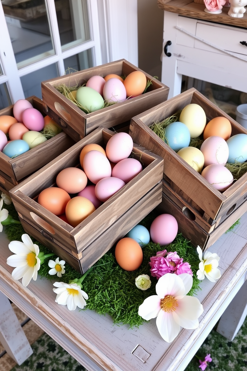 A charming Easter display featuring rustic wooden crates filled with colorful eggs. The crates are arranged on a weathered wooden table, surrounded by fresh spring flowers and soft green moss.