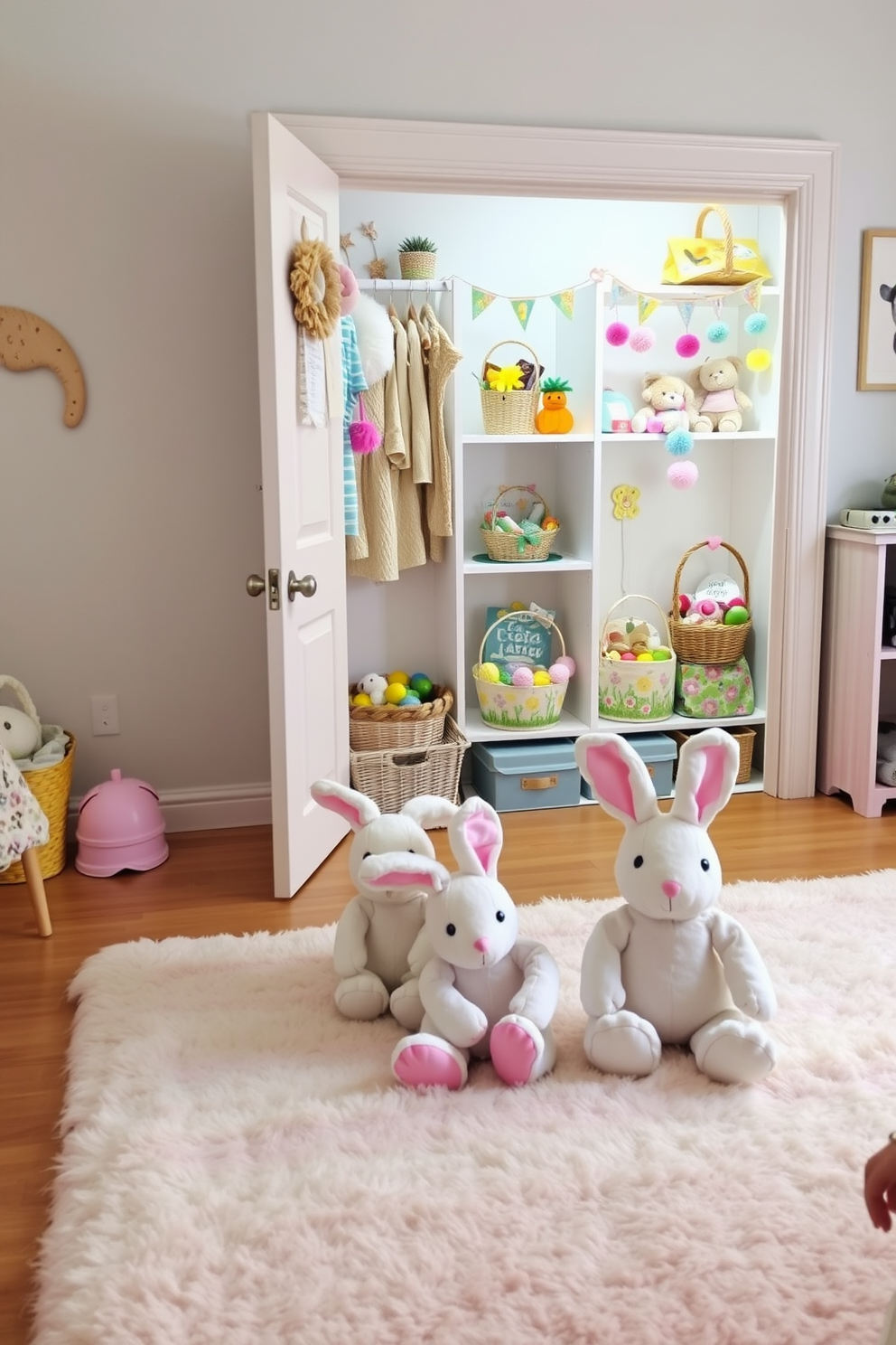 A cozy reading nook featuring seasonal books displayed on wooden shelves. The shelves are filled with colorful book spines, surrounded by decorative objects like candles and small plants. A stylish closet adorned with Easter decorating ideas. Soft pastel colors dominate the space, with decorative eggs and spring flowers enhancing the cheerful atmosphere.