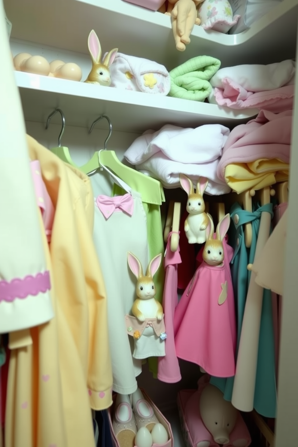 A charming closet scene featuring bunny figurines playfully nestled among a collection of colorful spring clothes. The shelves are adorned with pastel-colored garments, while the bunny figurines add a whimsical touch to the festive Easter decor.