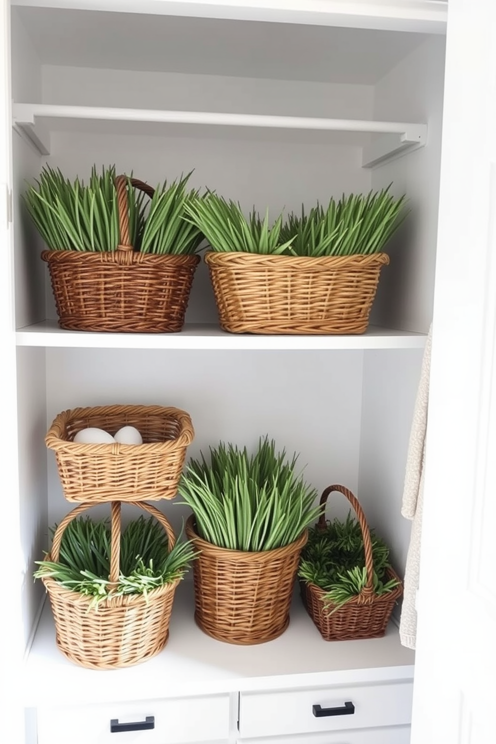 A collection of twine-wrapped eggs displayed in elegant glass jars creates a charming Easter centerpiece. The jars are arranged on a rustic wooden shelf, surrounded by spring flowers and greenery for a festive touch. A well-organized closet features pastel-colored Easter decorations, including soft fabric bunnies and vibrant eggs. Shelves are adorned with seasonal decor, while a cozy blanket is draped over a chair for added warmth and style.