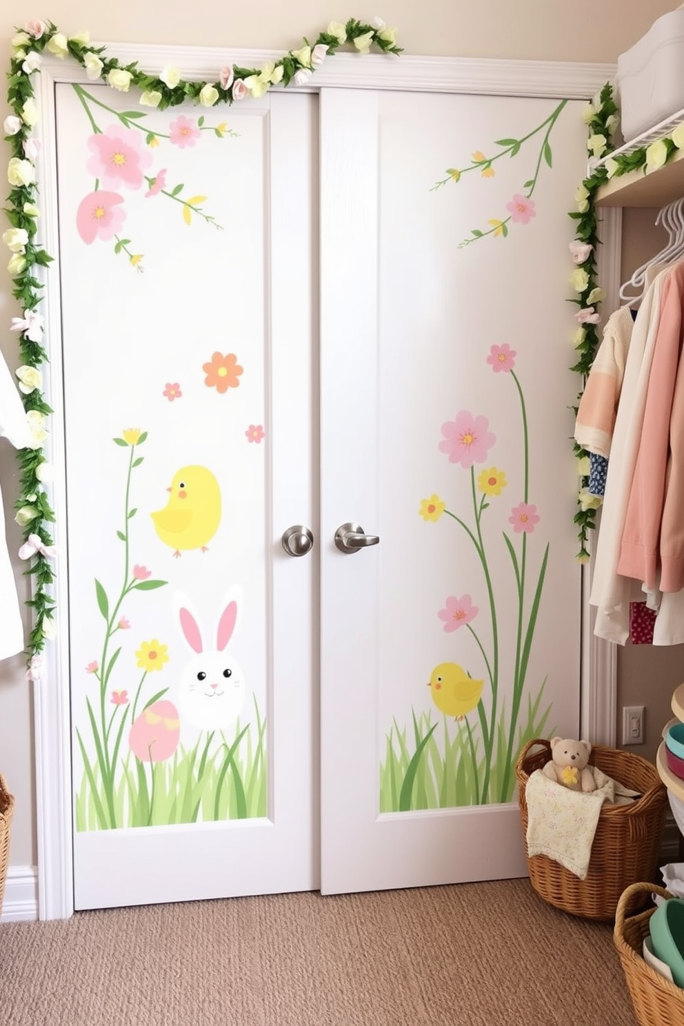 Create a charming Easter-themed closet display featuring painted wooden bunnies hanging from decorative hooks. The bunnies should be in soft pastel colors, adding a playful touch to the organized space.