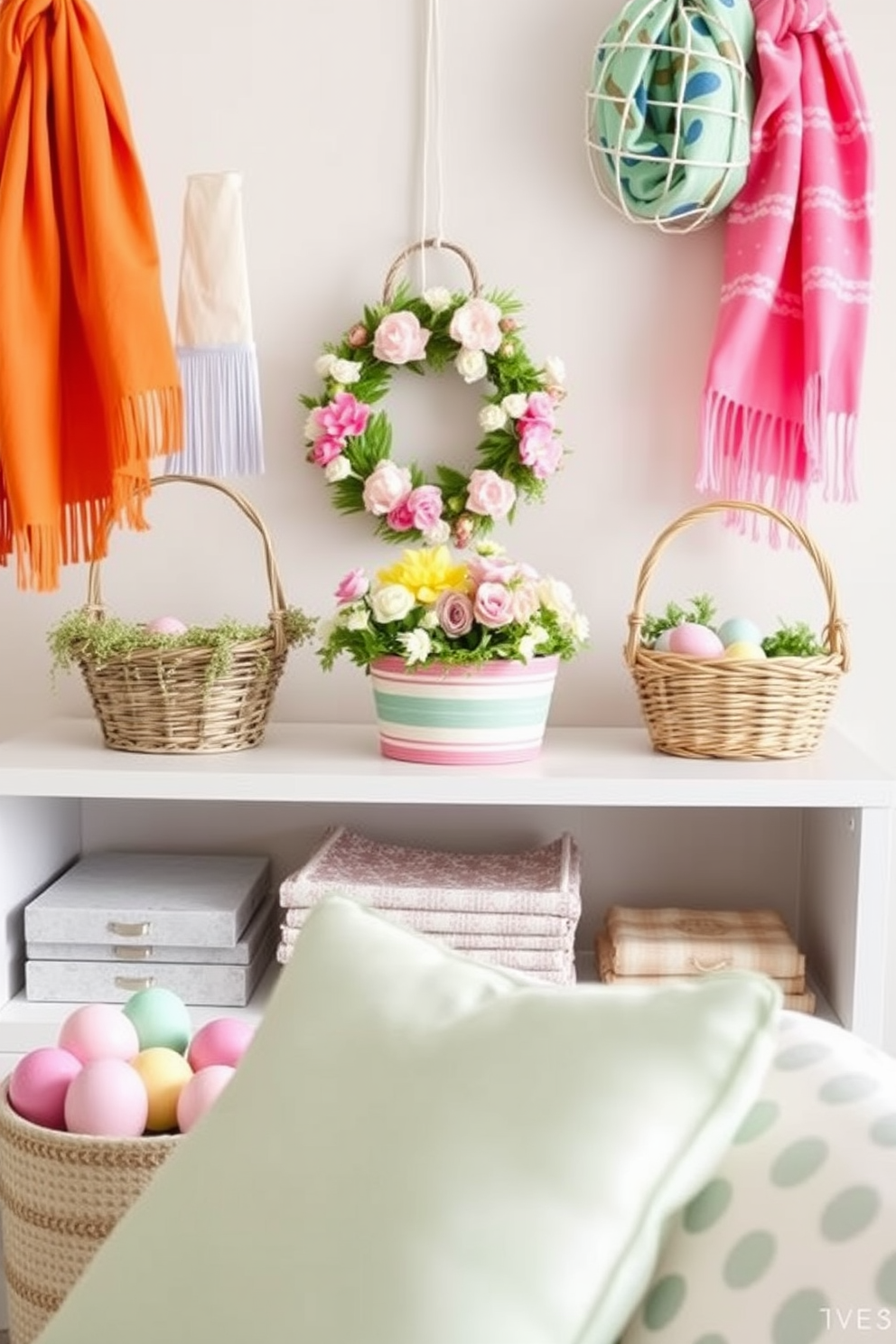 Brightly colored scarves as decor accents can be draped artistically over furniture pieces, adding a vibrant touch to the room. Consider using a mix of patterns and textures to create a visually dynamic space. For closet Easter decorating ideas, incorporate pastel-colored baskets filled with decorative eggs and spring flowers. Hang festive wreaths on the closet doors to bring seasonal cheer to your storage area.