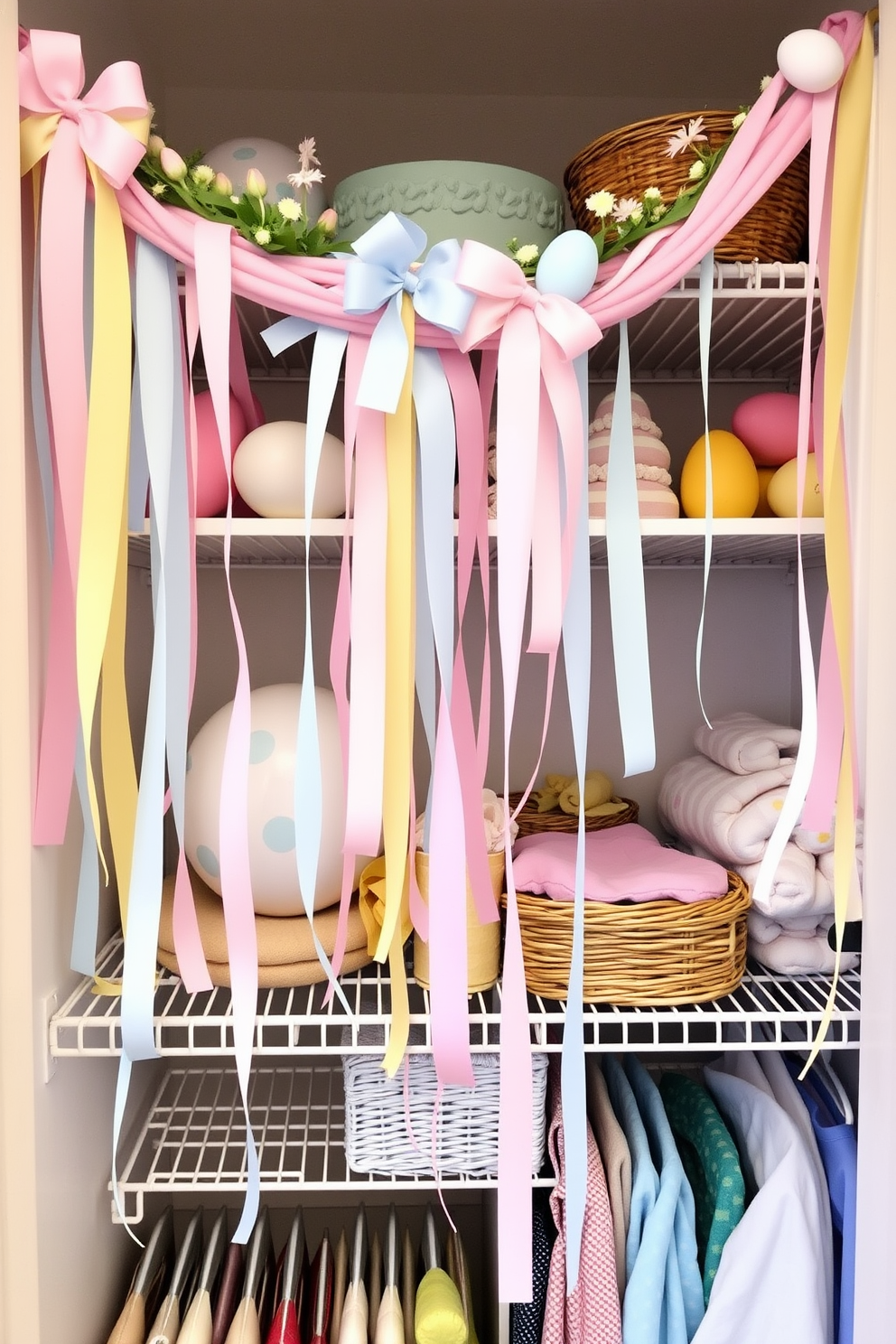 Create a whimsical Easter-themed closet decorated with hanging pastel ribbons in soft pinks, blues, and yellows. The ribbons cascade from the closet shelves, adding a festive touch and creating a cheerful atmosphere. Incorporate decorative Easter eggs and spring flowers among the ribbons to enhance the seasonal feel. Arrange the closet items in a way that complements the colors of the ribbons, ensuring a harmonious and inviting display.