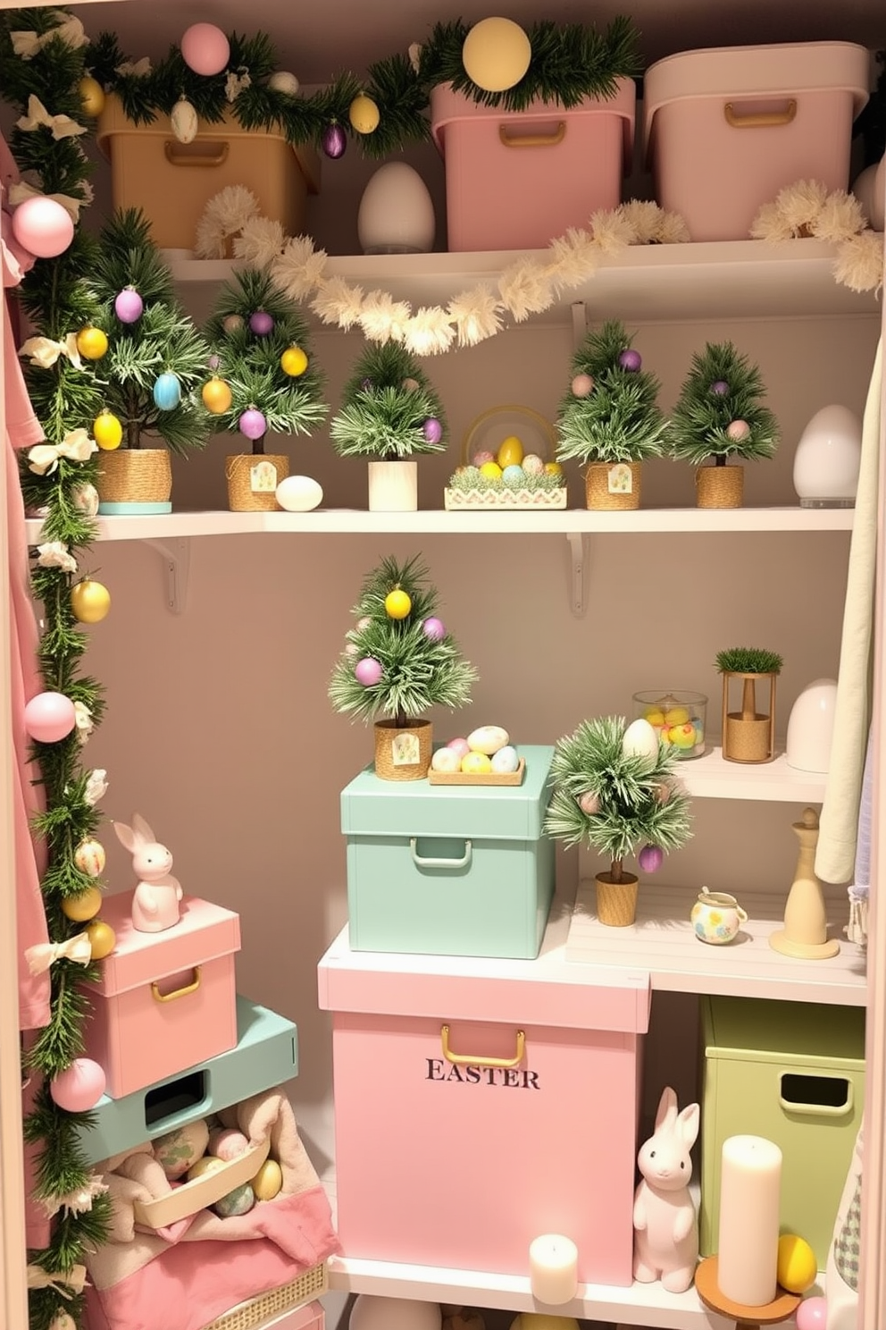 Create a cozy and whimsical Easter-themed closet decorated with miniature Easter trees adorned with colorful ornaments. The trees should be placed on shelves, surrounded by pastel-colored storage boxes and festive garlands. Incorporate playful decorations like bunny figurines and egg-shaped candles to enhance the festive atmosphere. Soft lighting should illuminate the space, creating a warm and inviting feel for Easter celebrations.