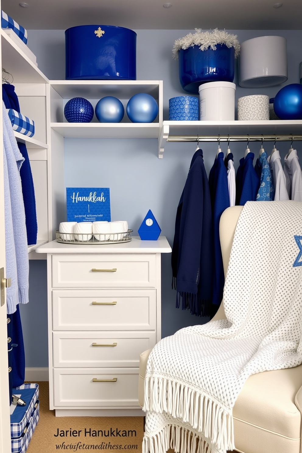 A festive closet decorated for Hanukkah features a blue and white color scheme that embodies the spirit of the holiday. The shelves are adorned with elegant blue and white ornaments, while a cozy throw blanket in matching colors is draped over a chair.