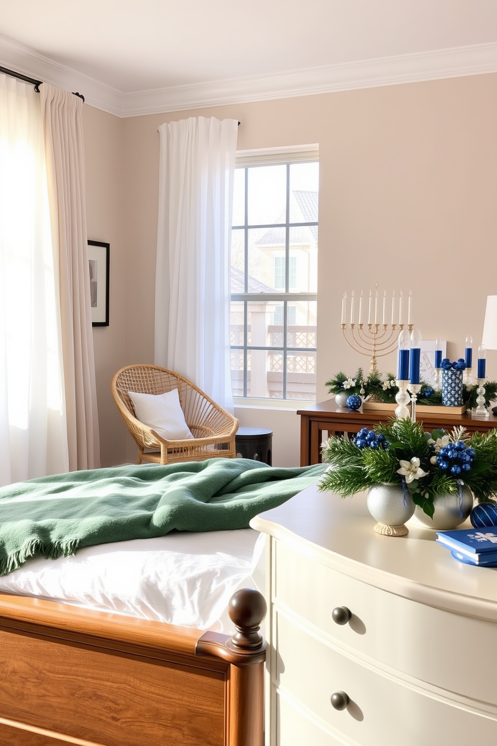 A serene bedroom retreat featuring a large wooden bed frame adorned with crisp white linens and a plush eucalyptus green throw. Natural light streams through sheer curtains, illuminating a cozy reading nook with a rattan chair and a small side table. The walls are painted in soft beige, creating a warm and inviting atmosphere. A collection of holiday decorations inspired by Hanukkah, including blue and silver accents, is tastefully arranged on the dresser, complementing the overall aesthetic.