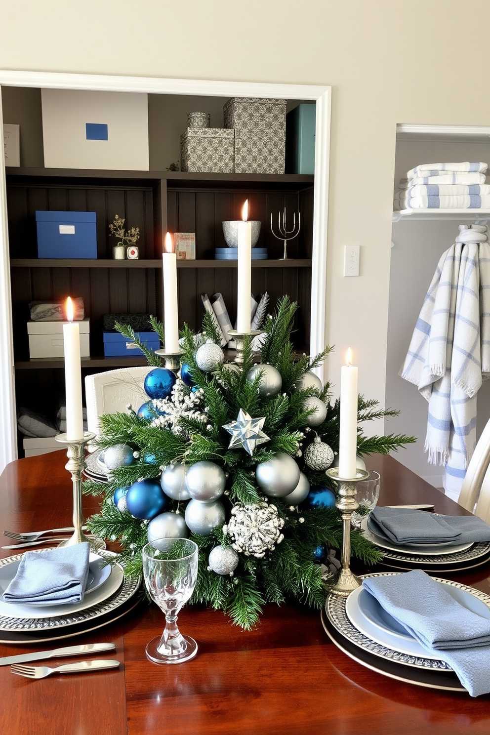 A festive dining table is adorned with a beautiful centerpiece featuring a mix of seasonal greenery, silver and blue ornaments, and flickering candles. Surrounding the centerpiece, elegant tableware complements the festive theme, creating a warm and inviting atmosphere for holiday gatherings. In the closet, shelves are organized with decorative boxes and traditional Hanukkah items, including a menorah and dreidels. Soft blue and white accents enhance the festive spirit, while a cozy throw blanket is neatly folded on a shelf for added warmth.