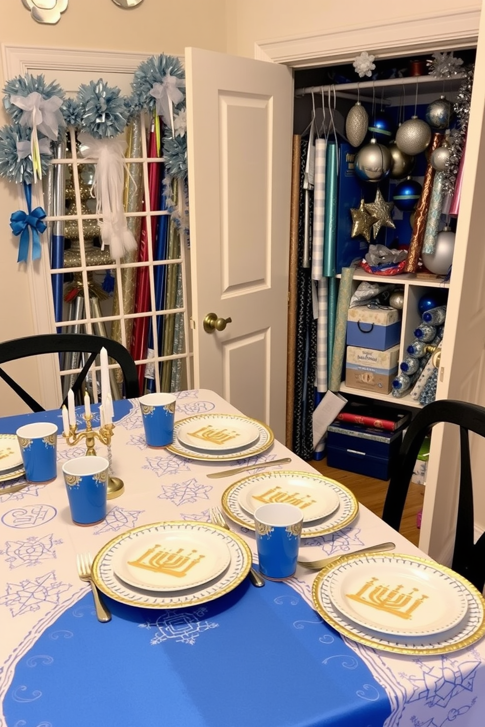 A festive dining table set for a Hanukkah celebration featuring themed dishware. The table is adorned with a beautiful blue and white tablecloth, showcasing elegant menorah-shaped plates and matching cups, complemented by gold accents. The surrounding space includes a cozy, decorated closet filled with holiday ornaments and colorful wrapping paper. Soft blue and silver decorations hang from the closet shelves, creating a warm and inviting atmosphere for the festivities.