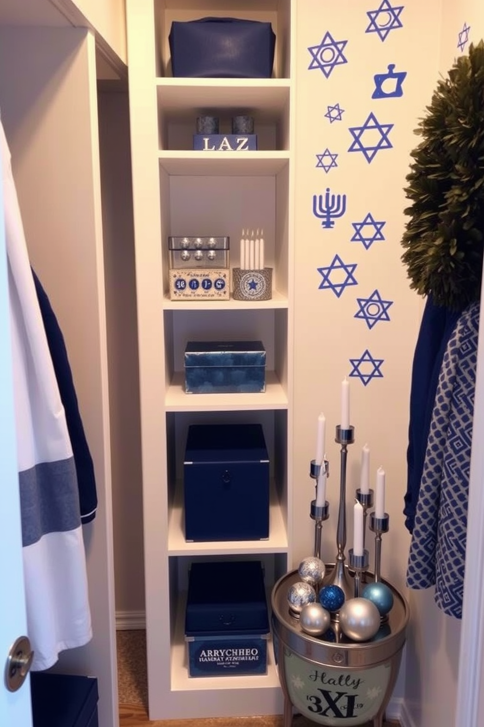 A cozy closet decorated for Hanukkah featuring wall decals of menorahs and dreidels. The shelves are adorned with blue and silver accents, and a small decorative table holds a display of candles and festive ornaments.