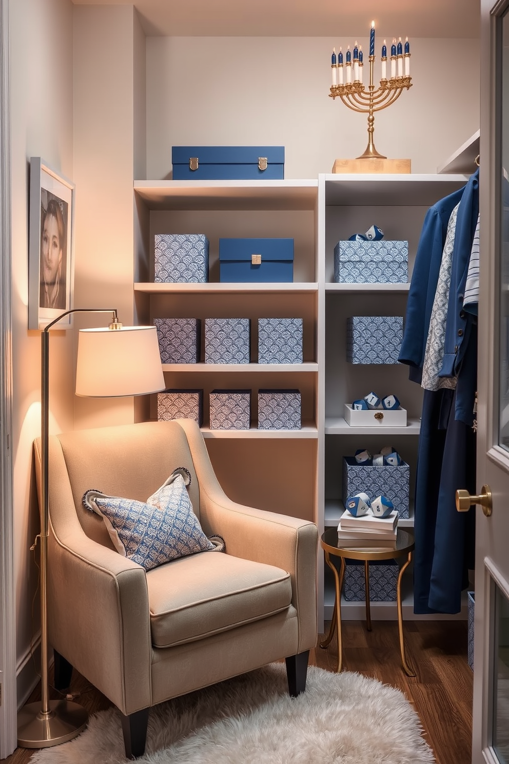 A serene bedroom setting featuring layered textiles in blue and white. The bed is adorned with a plush blue quilt and an array of white and patterned throw pillows creating a cozy atmosphere. A beautifully organized closet showcasing Hanukkah decorating ideas. The shelves are filled with blue and silver ornaments, while a decorative menorah is prominently displayed on a wooden shelf.