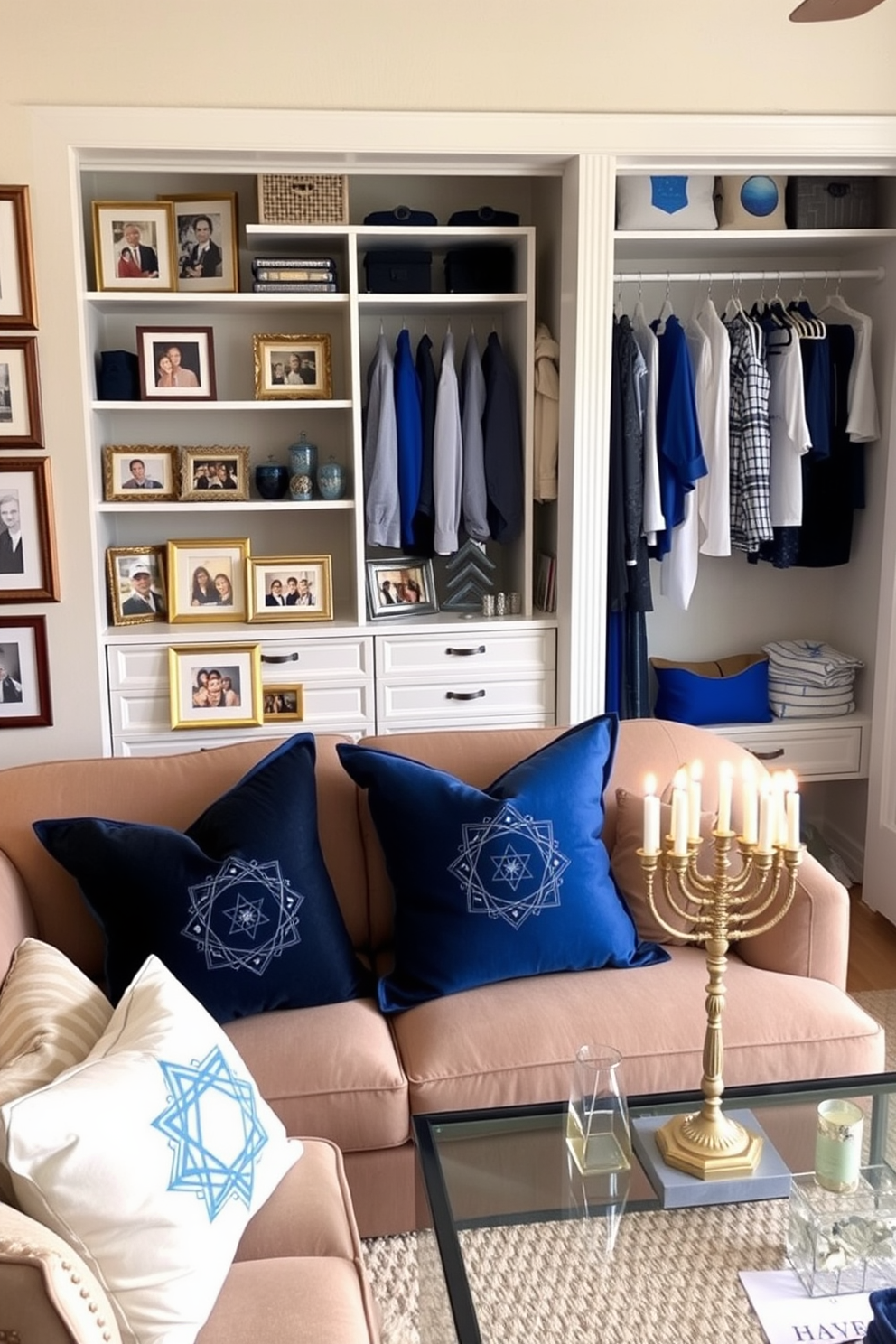 Framed family photos depicting joyful Hanukkah celebrations are displayed on a wooden shelf. The photos are surrounded by decorative menorahs and dreidels, creating a warm and festive atmosphere. The closet is adorned with blue and silver accents, featuring Hanukkah-themed ornaments and garlands. Shelves are organized with neatly wrapped gifts and traditional Hanukkah items, enhancing the holiday spirit.