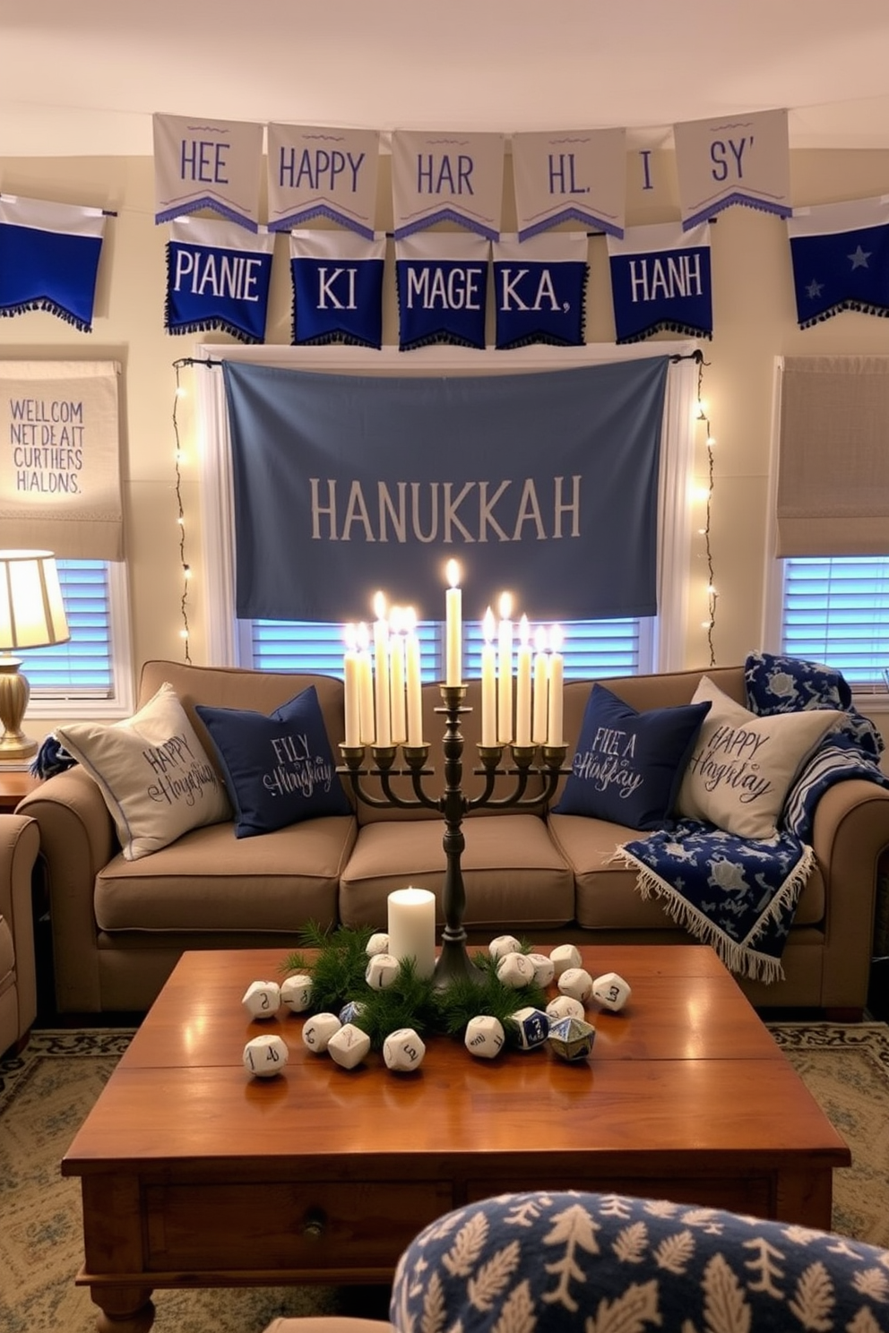 Create a cozy and inviting living room decorated for Hanukkah. Hang fabric banners with festive messages across the room, incorporating colors like blue and silver to enhance the holiday spirit. Incorporate a beautifully arranged menorah on a wooden coffee table, surrounded by decorative dreidels. Use soft lighting to create a warm atmosphere, complemented by plush cushions and a festive throw blanket on the couch.