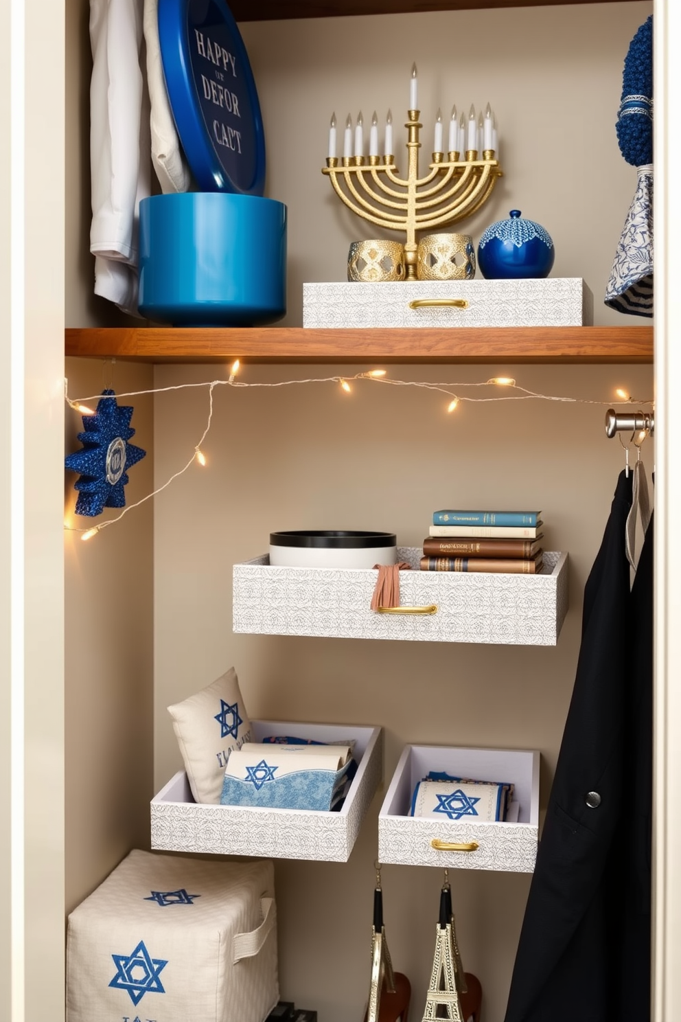 A stylish closet space featuring decorative trays for organizing accessories and personal items. The trays are arranged on a sleek wooden shelf, adding a touch of elegance while keeping the space tidy. For Hanukkah, the closet is adorned with festive decorations, including blue and silver accents. String lights and traditional menorah motifs create a warm and inviting atmosphere, celebrating the holiday spirit.