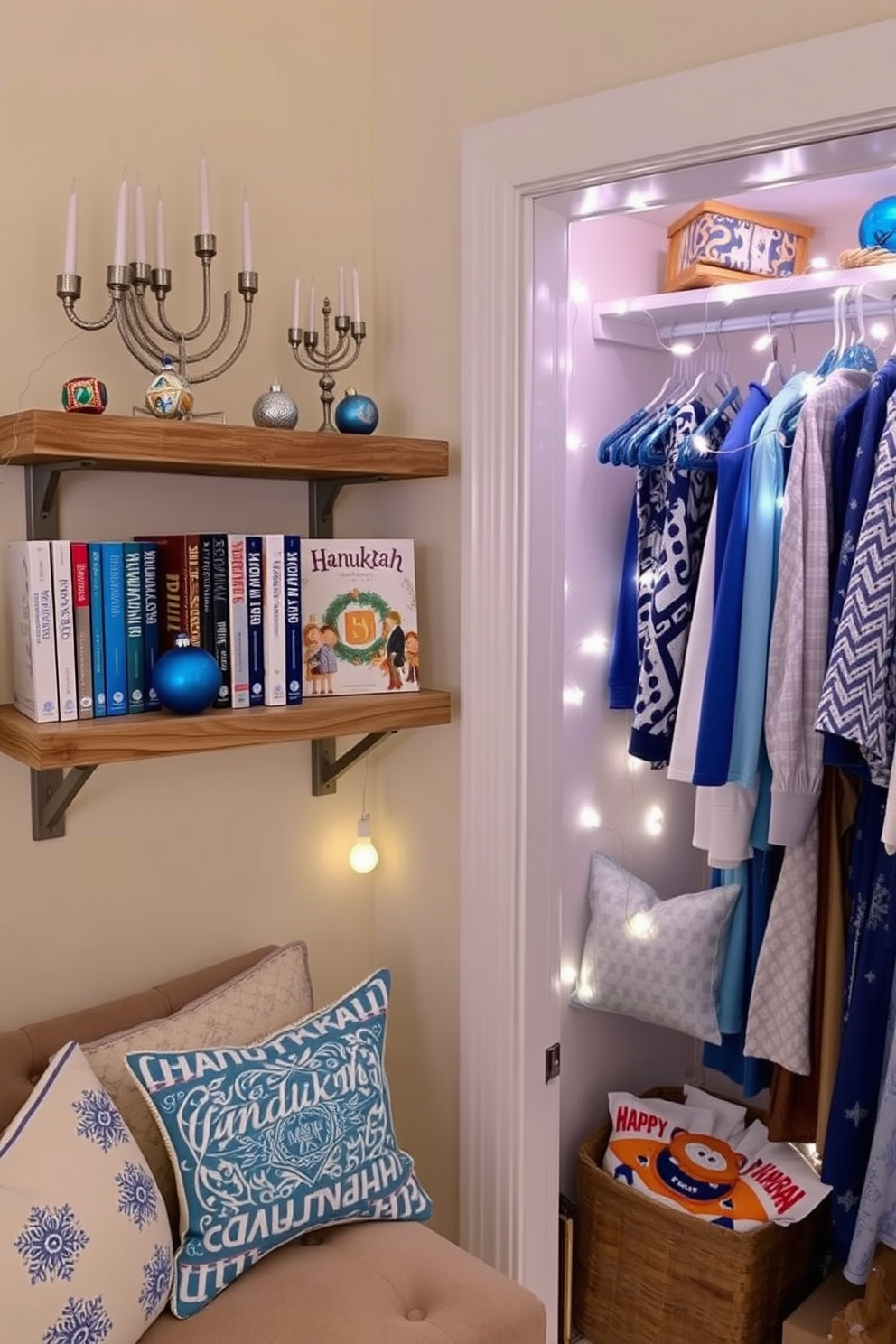 A cozy reading nook featuring a collection of Hanukkah books displayed on a rustic wooden shelf. The shelf is adorned with decorative menorahs and colorful dreidels, creating a festive atmosphere. A beautifully decorated closet showcasing Hanukkah decorating ideas. The closet is filled with vibrant blue and silver ornaments, string lights, and themed textiles, providing inspiration for holiday decor.