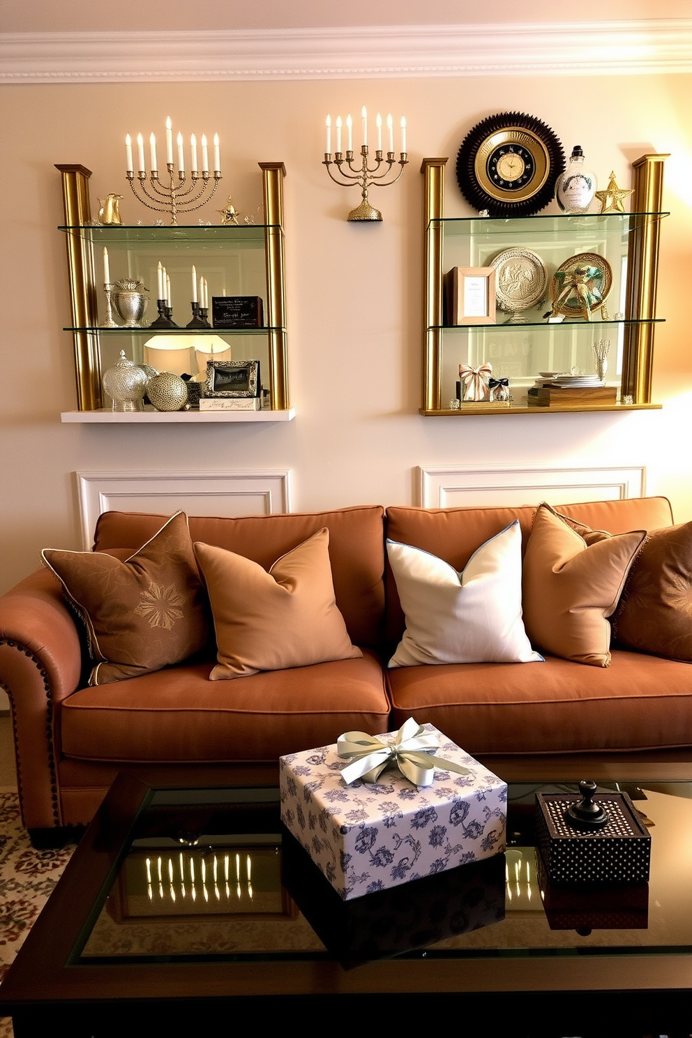 A cozy living room setting adorned with a menorah display on elegant shelves. The shelves are filled with decorative items and festive ornaments that reflect the spirit of Hanukkah. A plush sofa with soft cushions sits across from a coffee table, where a beautifully wrapped gift is placed. The room is illuminated by warm lighting, creating a welcoming atmosphere for holiday celebrations.