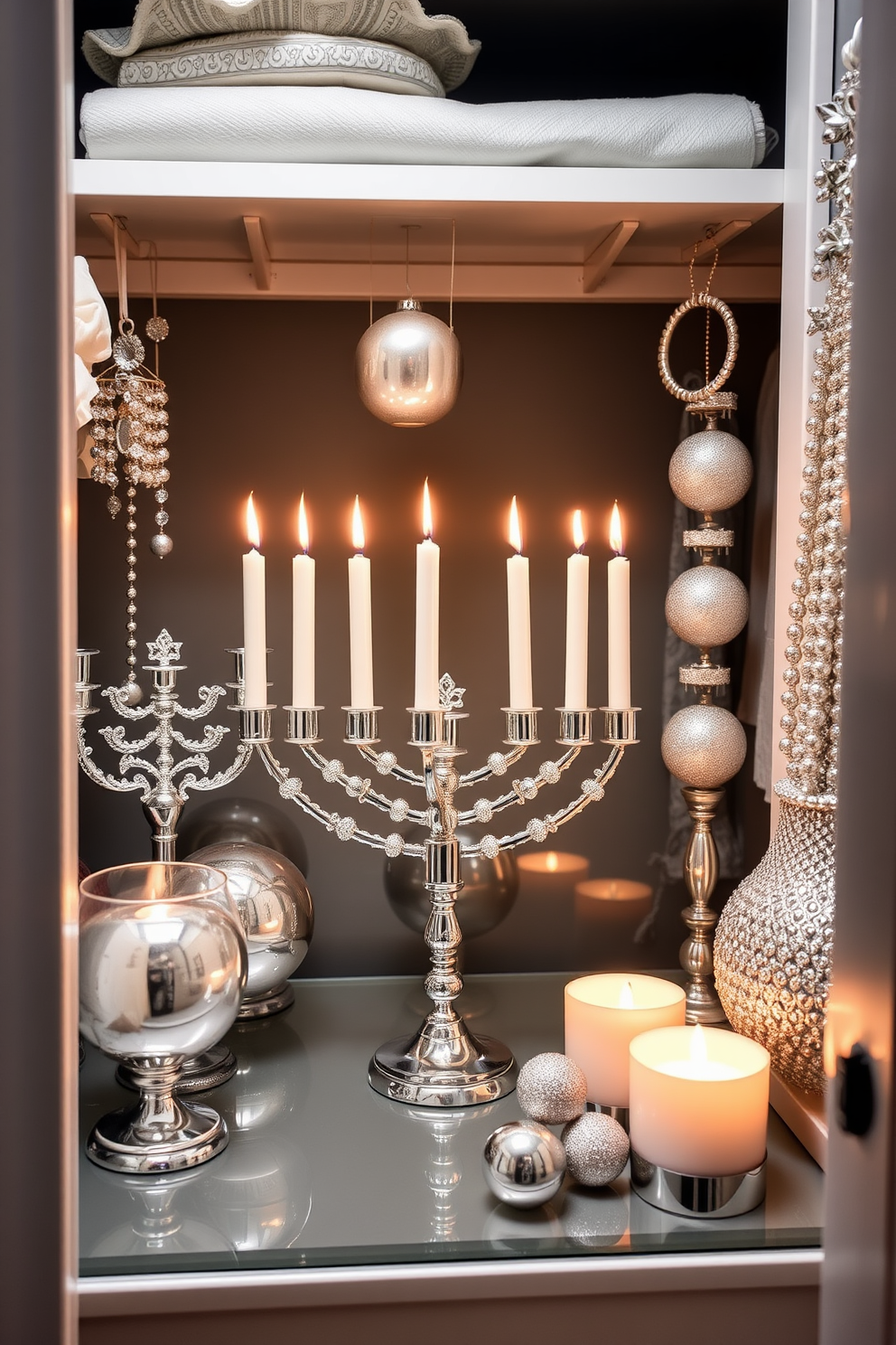 A stylish closet adorned for Hanukkah features a beautiful arrangement of silver accents. Elegant decorations include silver menorahs and shimmering ornaments that reflect the warm light of the candles.