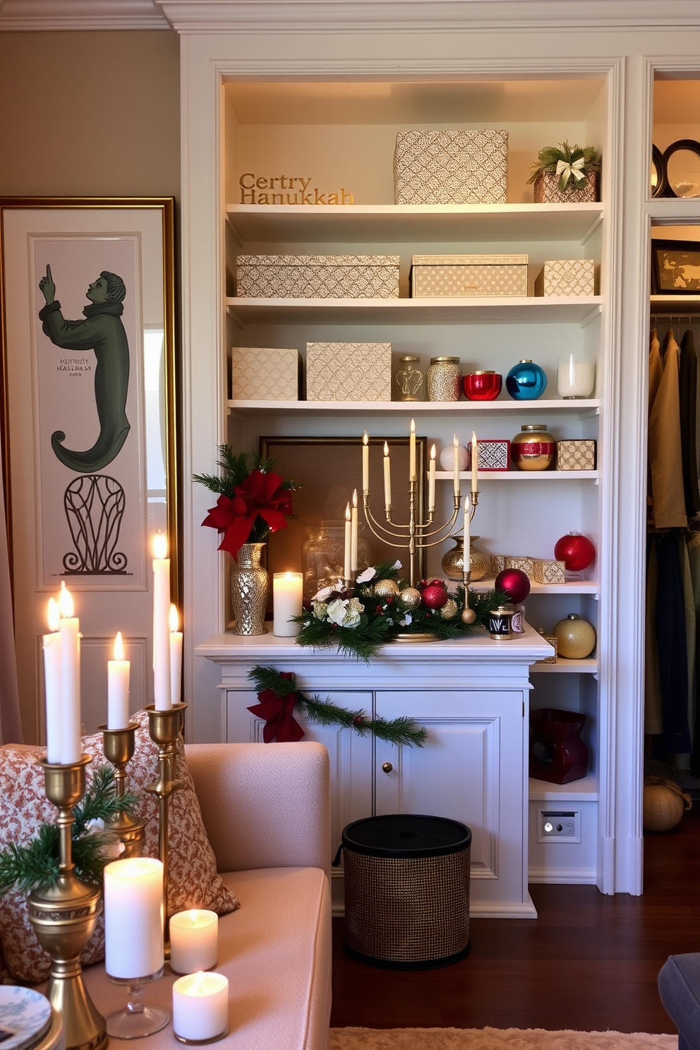 A cozy living room adorned with seasonal scents from beautifully arranged candles. The flickering candlelight casts a warm glow on the festive Hanukkah decorations displayed on the mantelpiece. A stylish closet featuring elegant storage solutions for holiday decor. Shelves are lined with decorative boxes and vibrant ornaments, creating a cheerful atmosphere for the Hanukkah season.