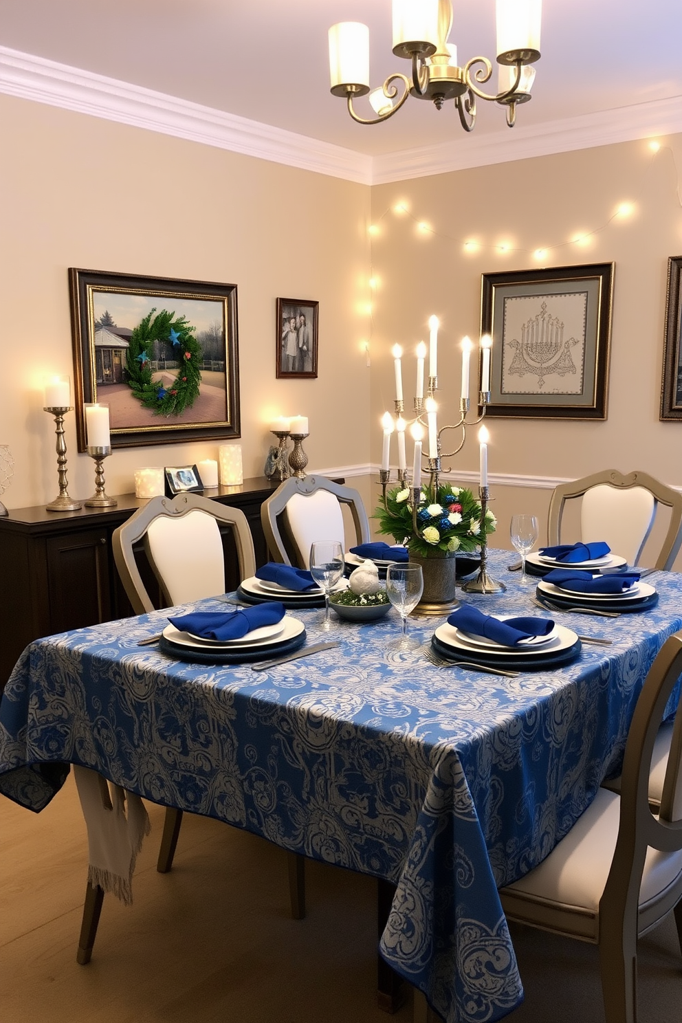 A beautifully set dining table adorned with a stylish Hanukkah tablecloth featuring blue and silver patterns. The table is surrounded by elegant chairs, and a centerpiece of menorah and festive decorations adds warmth to the setting. The walls are decorated with tasteful Hanukkah-themed artwork, creating a festive atmosphere. Soft lighting from candles and string lights enhances the cozy feel, making it a perfect space for family gatherings.