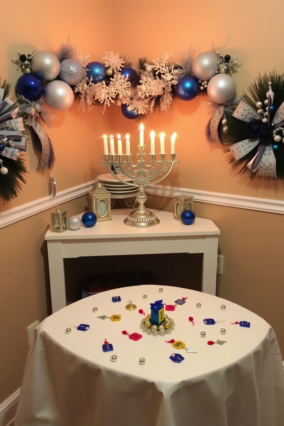 Create a festive corner with decor that celebrates Hanukkah. Include a beautiful menorah as the centerpiece, surrounded by blue and silver ornaments, and a table draped in a white tablecloth adorned with dreidels and gelt.