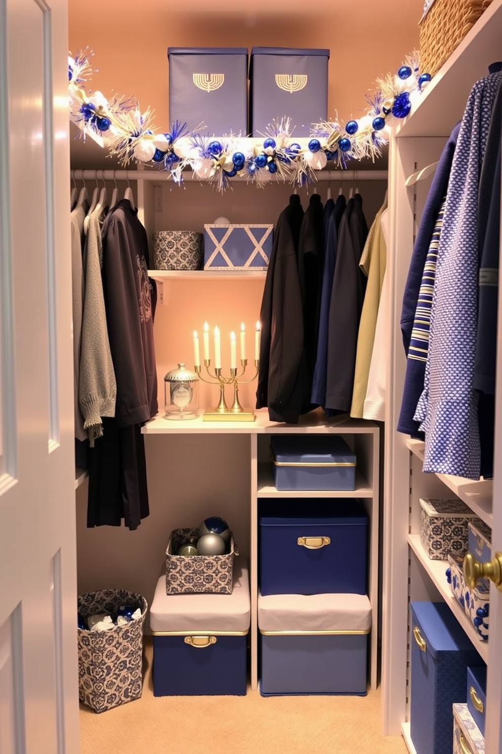 A vibrant interactive dreidel game setup is arranged on a festive table. Colorful dreidels are scattered around along with a variety of gelt and holiday-themed decorations. The closet is adorned with Hanukkah decorating ideas that include blue and silver accents. Twinkling lights and decorative menorahs are elegantly displayed to create a warm holiday atmosphere.