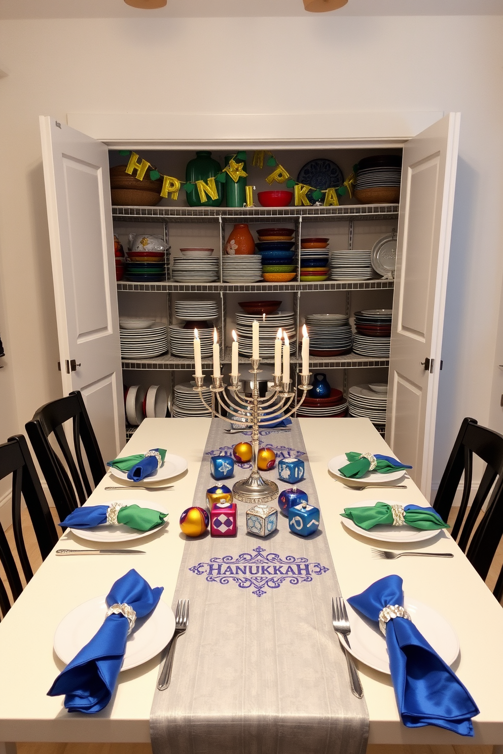 A festive dining table is set for Hanukkah with colorful napkins and elegant tableware. The table is adorned with a beautiful blue and silver table runner, and a menorah takes center stage, surrounded by decorative dreidels and shimmering ornaments. The closet is decorated with cheerful Hanukkah-themed items, including vibrant garlands and hanging stars. Shelves are filled with an array of colorful dishes and serving platters, creating a warm and inviting atmosphere for holiday celebrations.