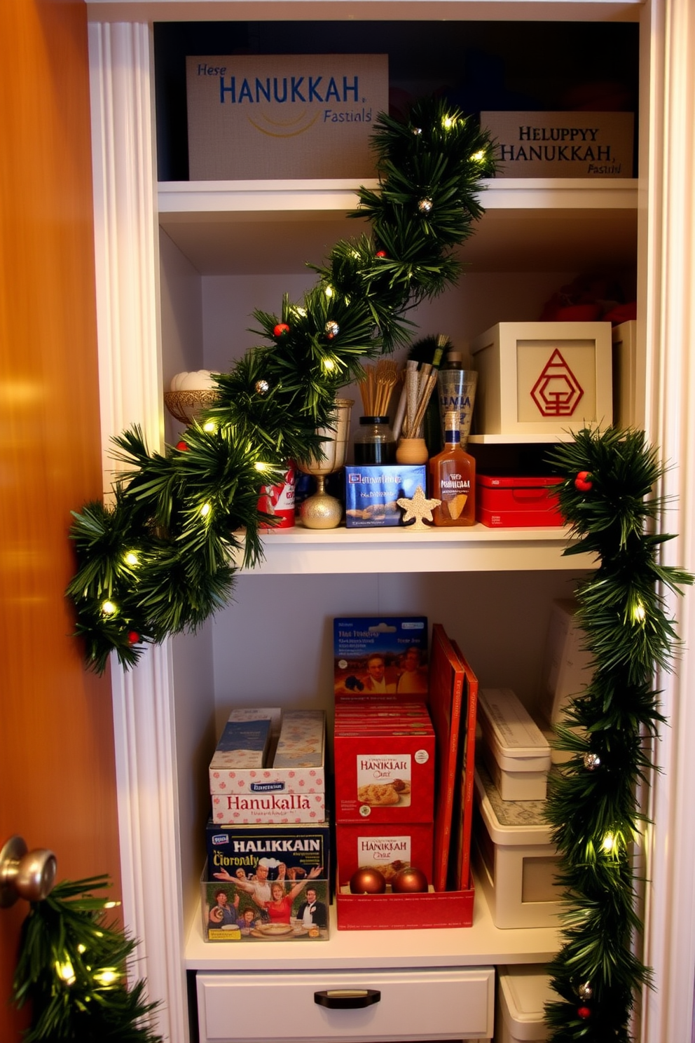 Artistic candle holders are elegantly arranged on a sleek shelf in the closet, showcasing a mix of modern and traditional designs. The warm glow of the candles adds a cozy ambiance, making the space feel inviting and thoughtfully curated. For Hanukkah, the closet is adorned with festive decorations, including blue and silver accents that reflect the holiday spirit. Delicate string lights are draped around the shelves, enhancing the celebratory atmosphere while keeping the space organized and stylish.