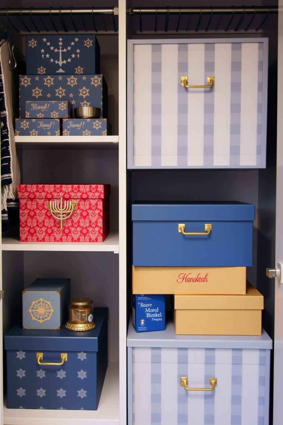 A stylish closet space designed for Hanukkah celebrations. Decorative boxes in various sizes and colors are used for storage, adding both functionality and festive charm.