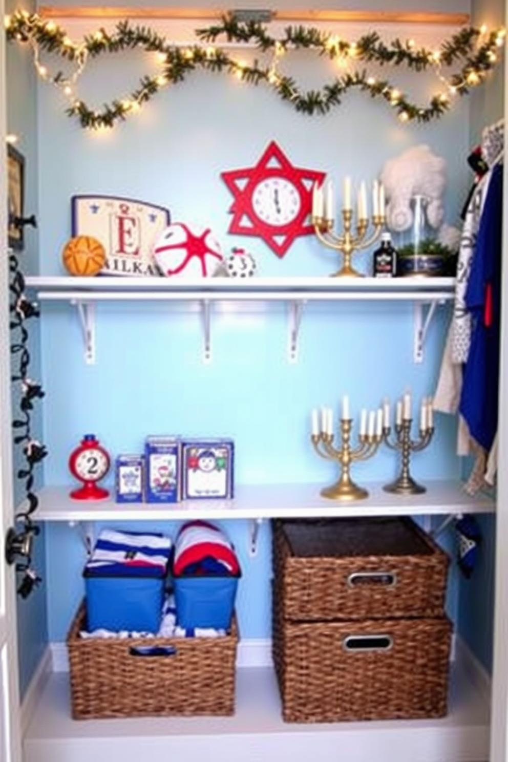 Create a whimsical closet space designed for Hanukkah celebrations. Incorporate themed toys such as dreidels and plush menorahs displayed on shelves alongside festive decorations. Use a soft blue color palette for the walls to evoke a cheerful atmosphere. Add string lights and decorative garlands to enhance the festive spirit while keeping the space organized and inviting.