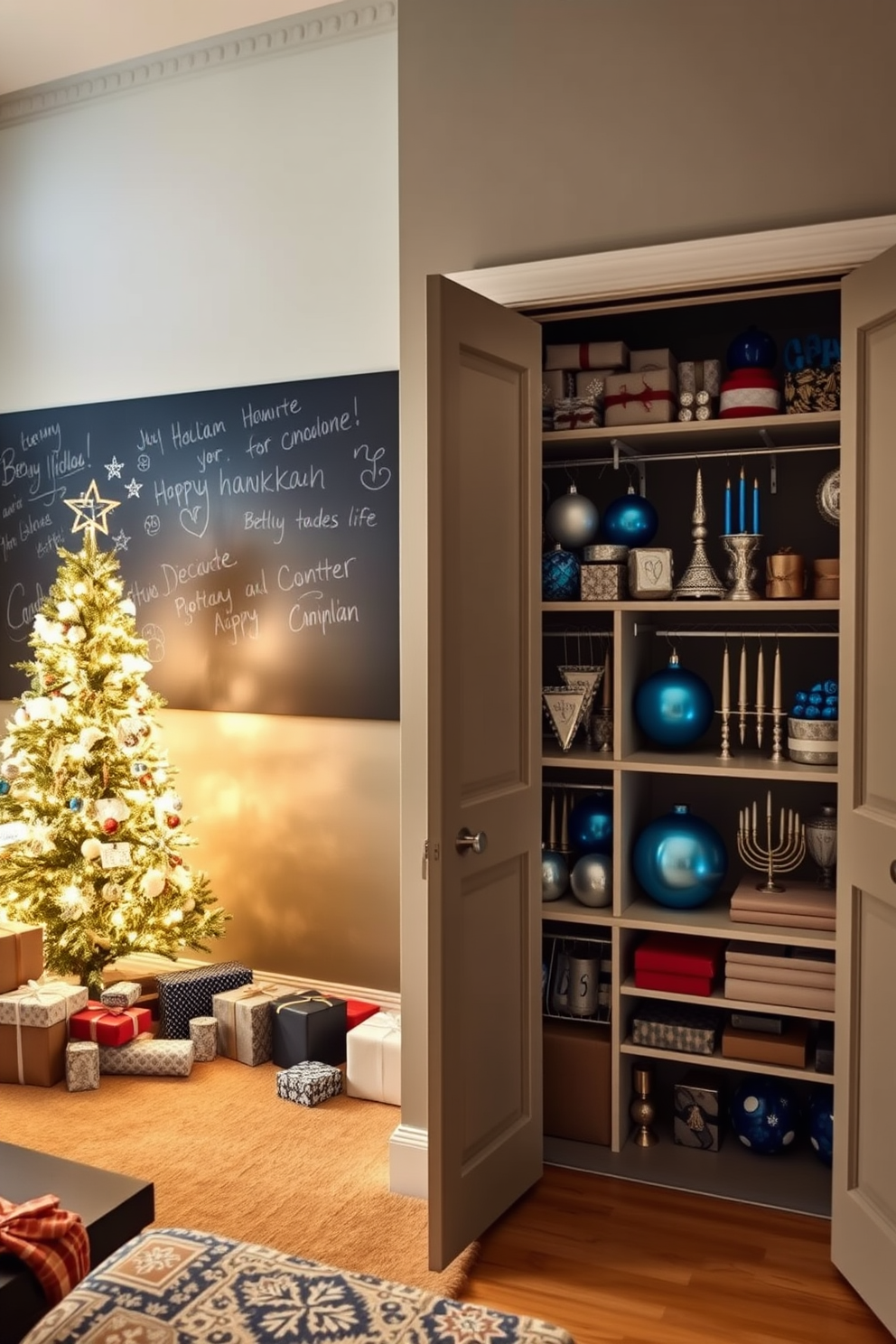 A cozy living room designed for the holiday season features a large chalkboard on one wall, adorned with handwritten messages and festive drawings. The space is filled with warm lighting, and a beautifully decorated Christmas tree stands in the corner, surrounded by wrapped gifts. Adjacent to the chalkboard, an organized closet showcases Hanukkah decorations, including blue and silver ornaments, menorahs, and a collection of dreidels. The closet doors are open, revealing neatly arranged shelves filled with holiday-themed items, creating an inviting and festive atmosphere.