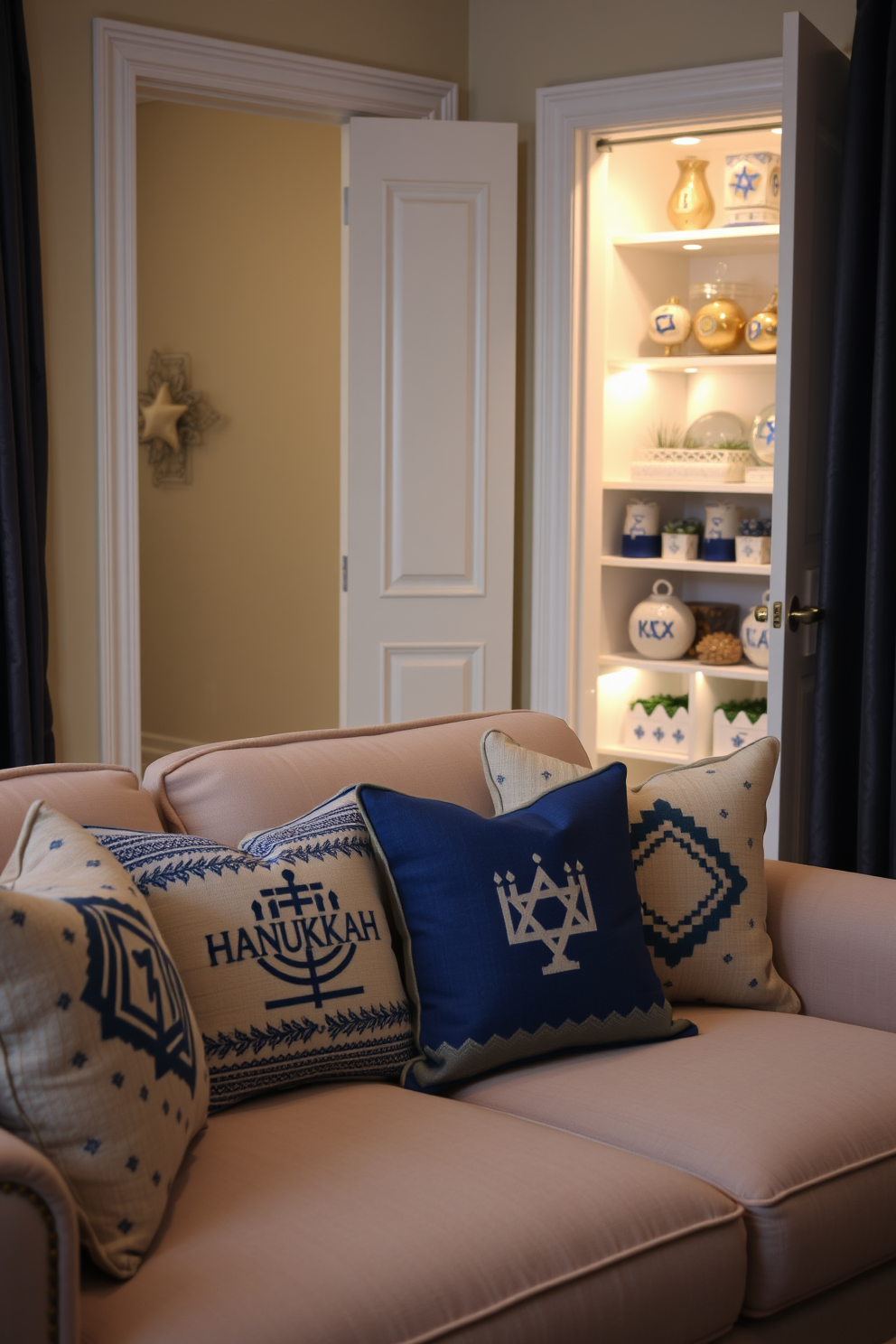 Create a cozy living room scene featuring decorative Hanukkah pillows arranged on a plush sofa for added comfort. The pillows should showcase traditional motifs and colors associated with Hanukkah, creating a festive atmosphere. In the corner, a beautifully organized closet displays Hanukkah decorations, including menorahs, dreidels, and themed ornaments. The closet should have elegant shelving and soft lighting to highlight the decorations, enhancing the holiday spirit.