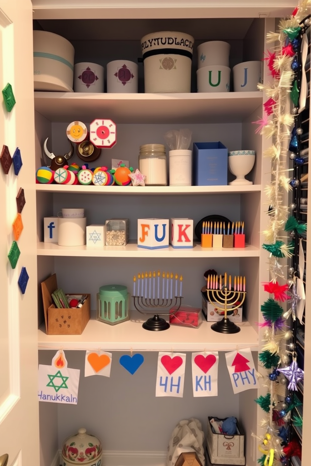 A cozy gift wrapping station is set up in a bright corner of the room. There is a large wooden table covered with colorful wrapping paper, ribbons, and decorative scissors. The closet is transformed into a festive Hanukkah decorating space. Blue and silver ornaments are neatly arranged on shelves alongside menorahs and dreidels.