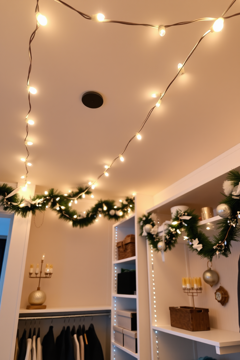 A cozy closet setting adorned with string lights delicately wrapped around the edges, creating a warm and inviting atmosphere. The shelves are filled with neatly organized clothing and accessories, while festive Hanukkah decorations add a touch of seasonal charm.