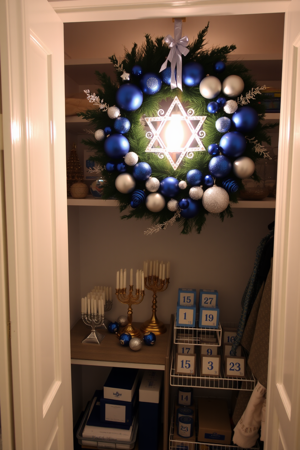 A beautifully decorated closet for Hanukkah features a stunning wreath adorned with blue and silver ornaments, symbolizing the festival of lights. The interior is organized with festive touches, including neatly arranged menorahs and decorative dreidels displayed on shelves.