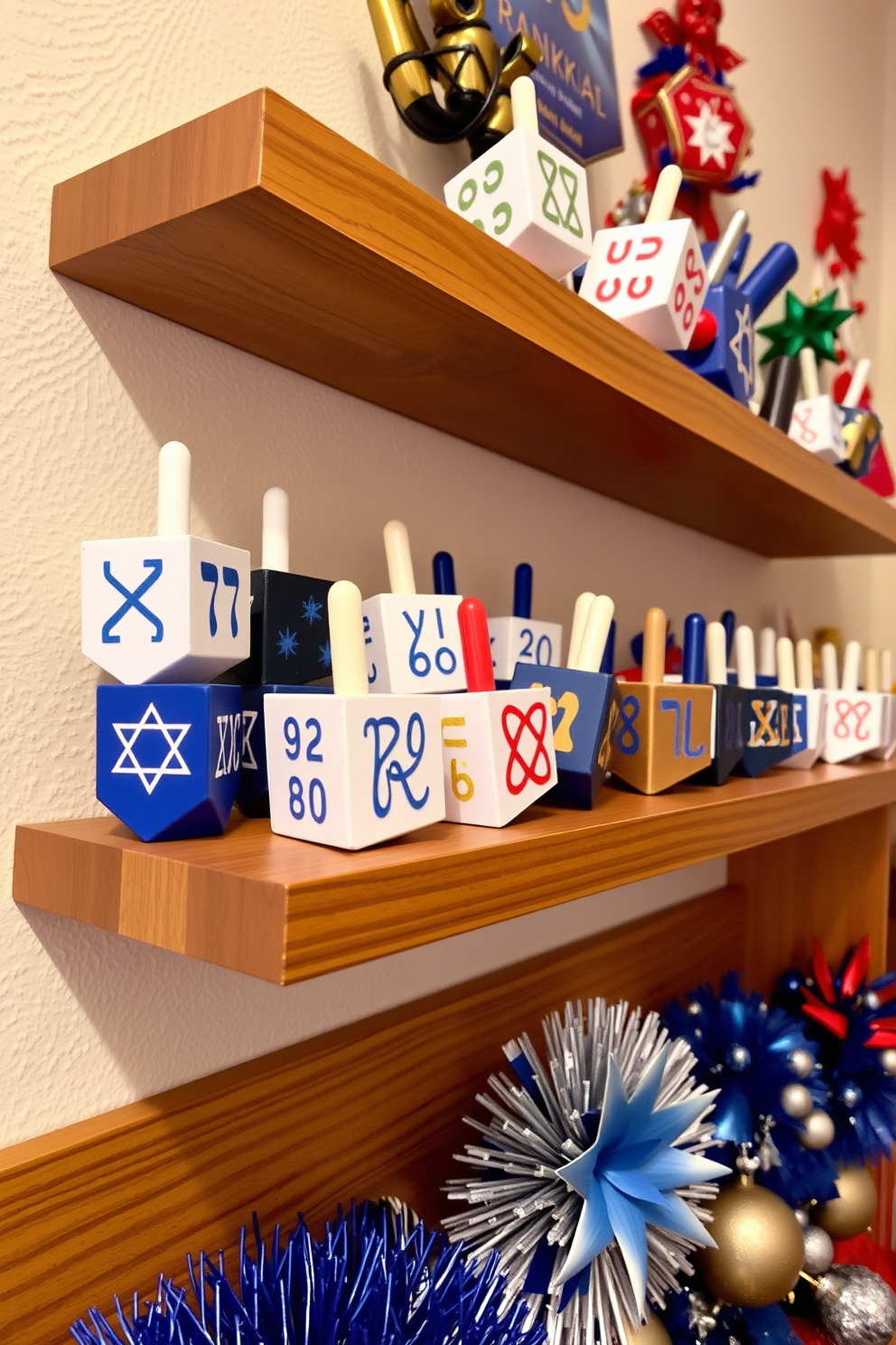 A festive display of beautifully crafted dreidels arranged on a wooden shelf. The shelf is adorned with colorful Hanukkah decorations, including blue and silver accents, creating a joyful atmosphere for the holiday season.