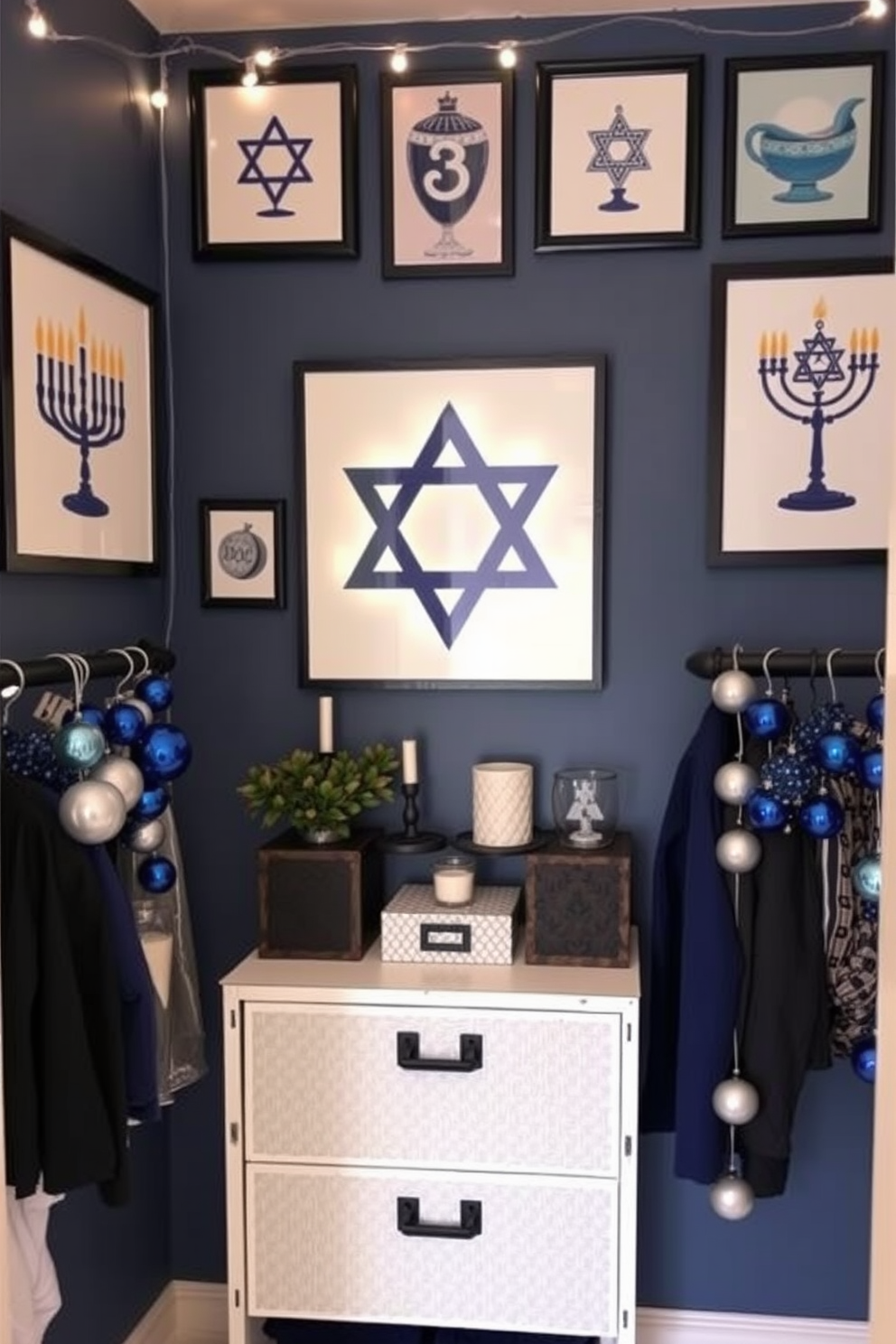 Create a Hanukkah-themed art wall featuring a large Star of David as the centerpiece surrounded by framed artwork depicting traditional Hanukkah symbols such as menorahs and dreidels. Incorporate a color palette of blue, silver, and white to enhance the festive atmosphere and add string lights for a warm glow. For closet Hanukkah decorating ideas, design a cozy nook within the closet that showcases a collection of menorahs and festive tableware. Use decorative boxes to store holiday items and hang garlands made of blue and silver ornaments to bring a cheerful touch to the space.