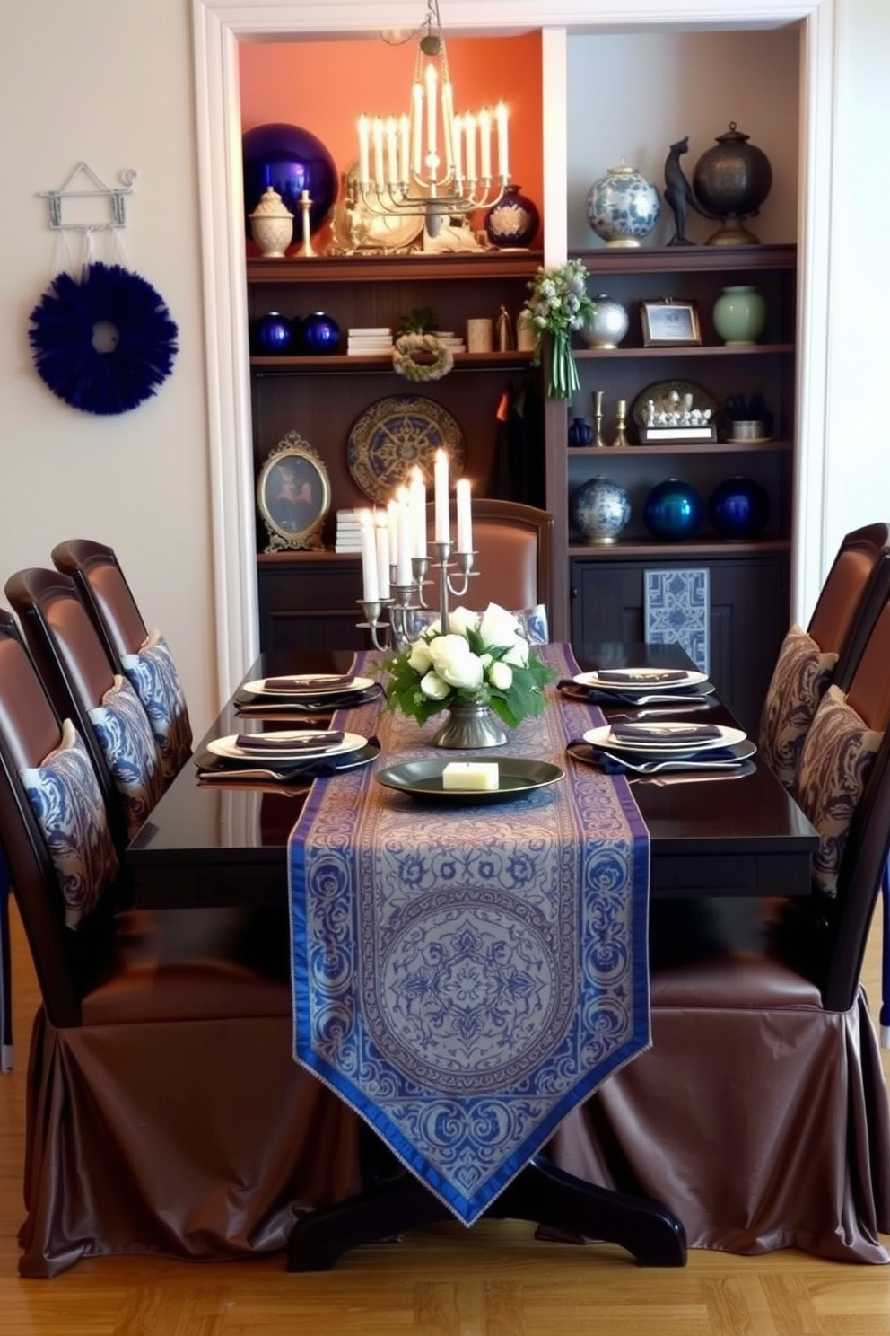 A beautifully set dining table adorned with elegant table runners in rich fabrics and intricate patterns. The table is surrounded by stylish chairs, each draped with a coordinating runner that enhances the overall aesthetic. In the background, a cozy closet area is decorated for Hanukkah, featuring blue and silver accents. The shelves are filled with decorative items, including menorahs and festive ornaments that create a warm and inviting atmosphere.