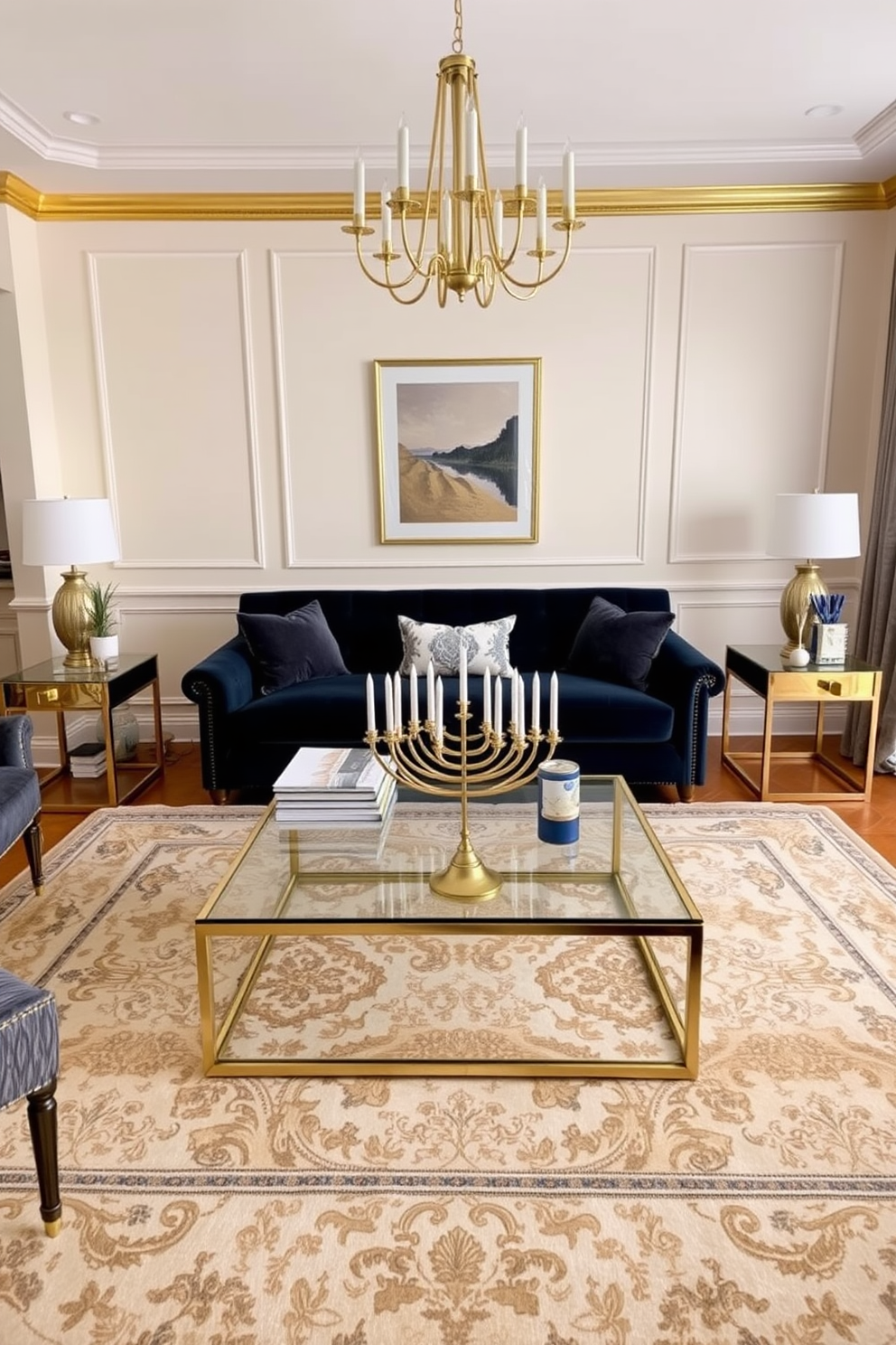 A luxurious living room adorned with elegant gold accents. The space features a plush velvet sofa in deep navy, complemented by gold-finished side tables and a chic chandelier overhead. The walls are painted in a soft cream color, enhancing the warmth of the room. A large area rug with intricate patterns anchors the seating area, while decorative throw pillows add a pop of color and texture. For Hanukkah, the room is tastefully decorated with a beautiful menorah placed on the coffee table. Subtle blue and silver decorations are scattered throughout, creating a festive yet sophisticated atmosphere.