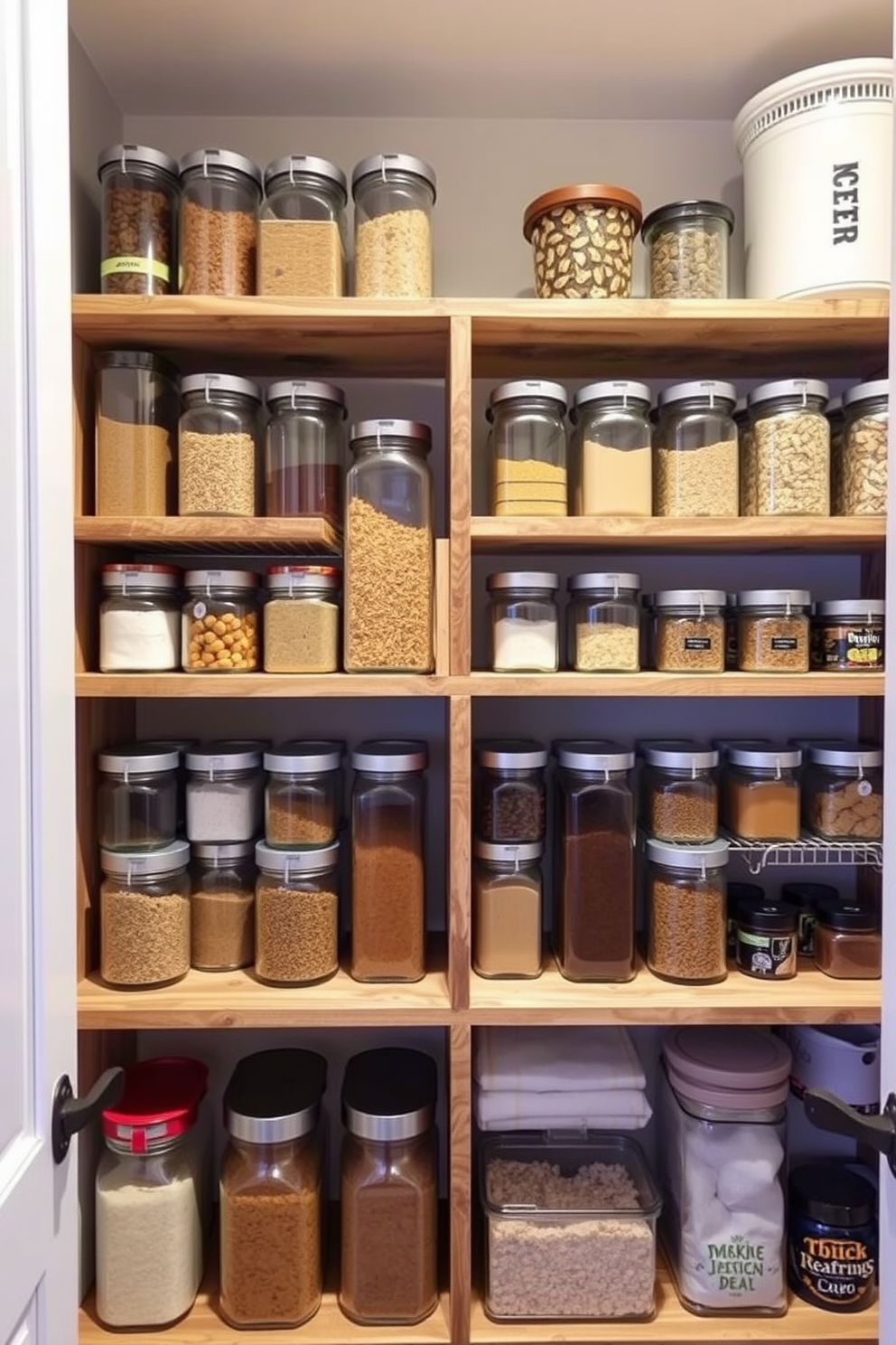 Open shelving design for a closet pantry. The shelves are made of reclaimed wood and are organized with clear glass containers for easy access to dry goods and spices.