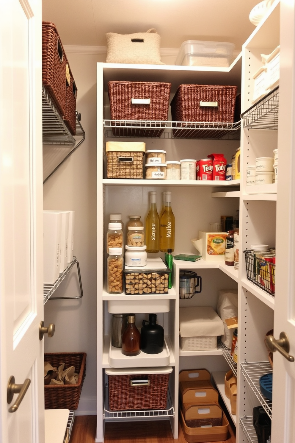 Create a stylish closet pantry design featuring elegant wallpaper as the backdrop. The pantry should include open shelving made of natural wood and a central island with a marble countertop for added functionality.