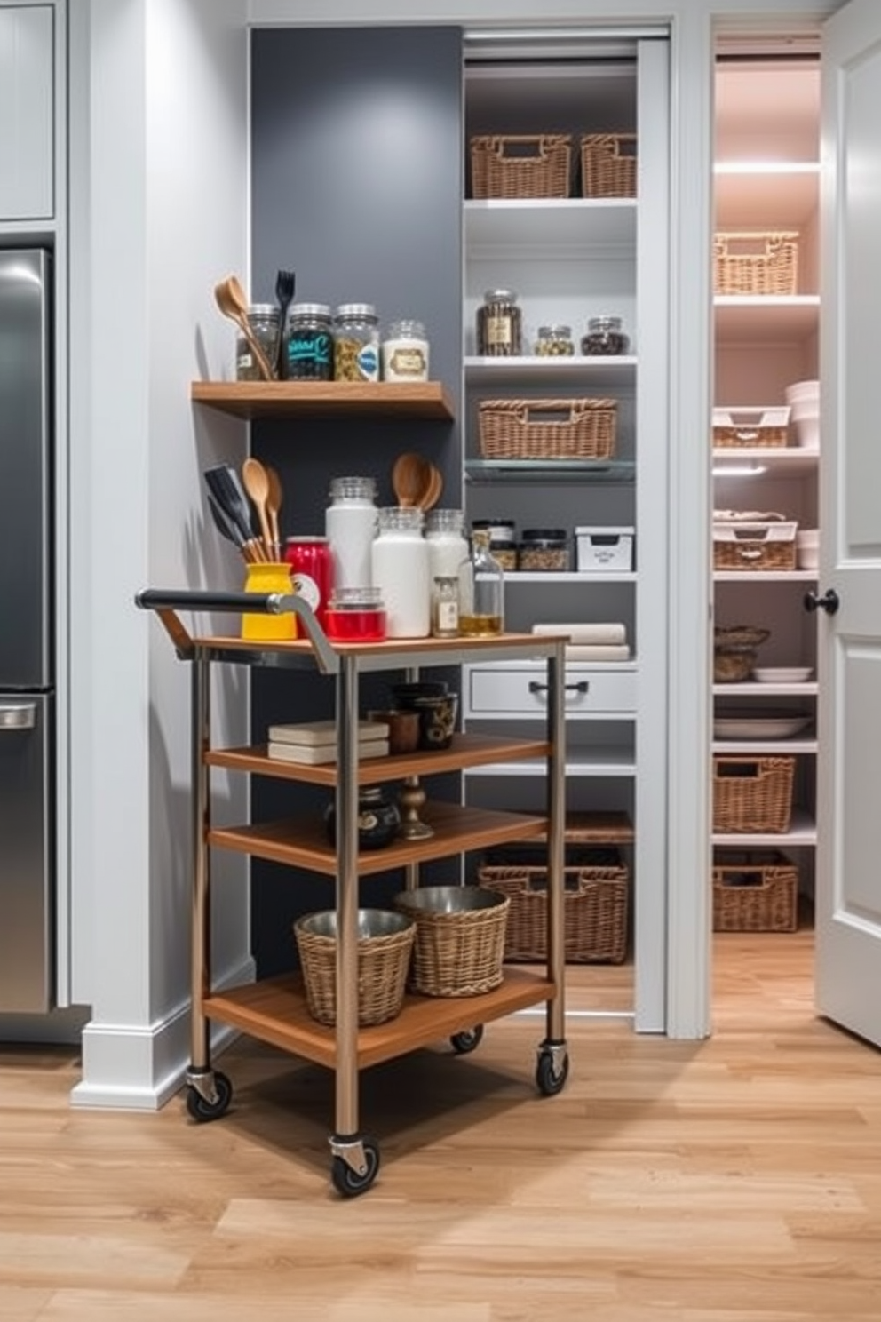 A stylish rolling cart is positioned in a modern kitchen, crafted from sleek metal with wooden shelves. It features an array of colorful jars and utensils, providing both functionality and aesthetic appeal. The closet pantry is designed with open shelving, allowing easy access to spices and ingredients. Soft lighting illuminates the space, highlighting the organized arrangement of baskets and containers for a clean, inviting look.